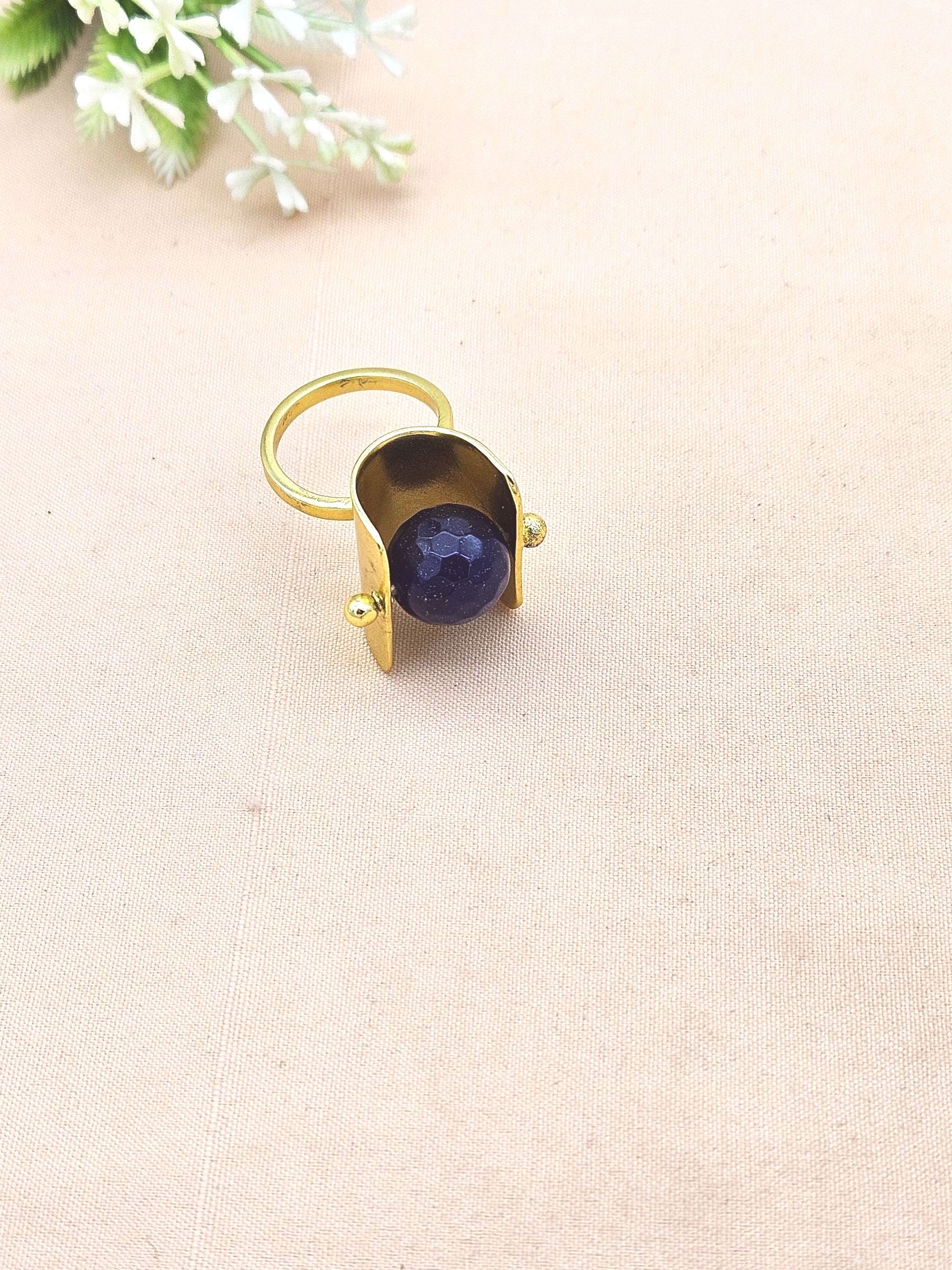 Handmade Gold plated Dark Blue Onyx Ring - Stylish statement Ring for Women