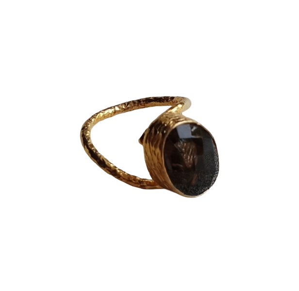 Handcrafted Gold Plated Smoky Stone Unisex Ring – Hammered Band Designer Finger Ring