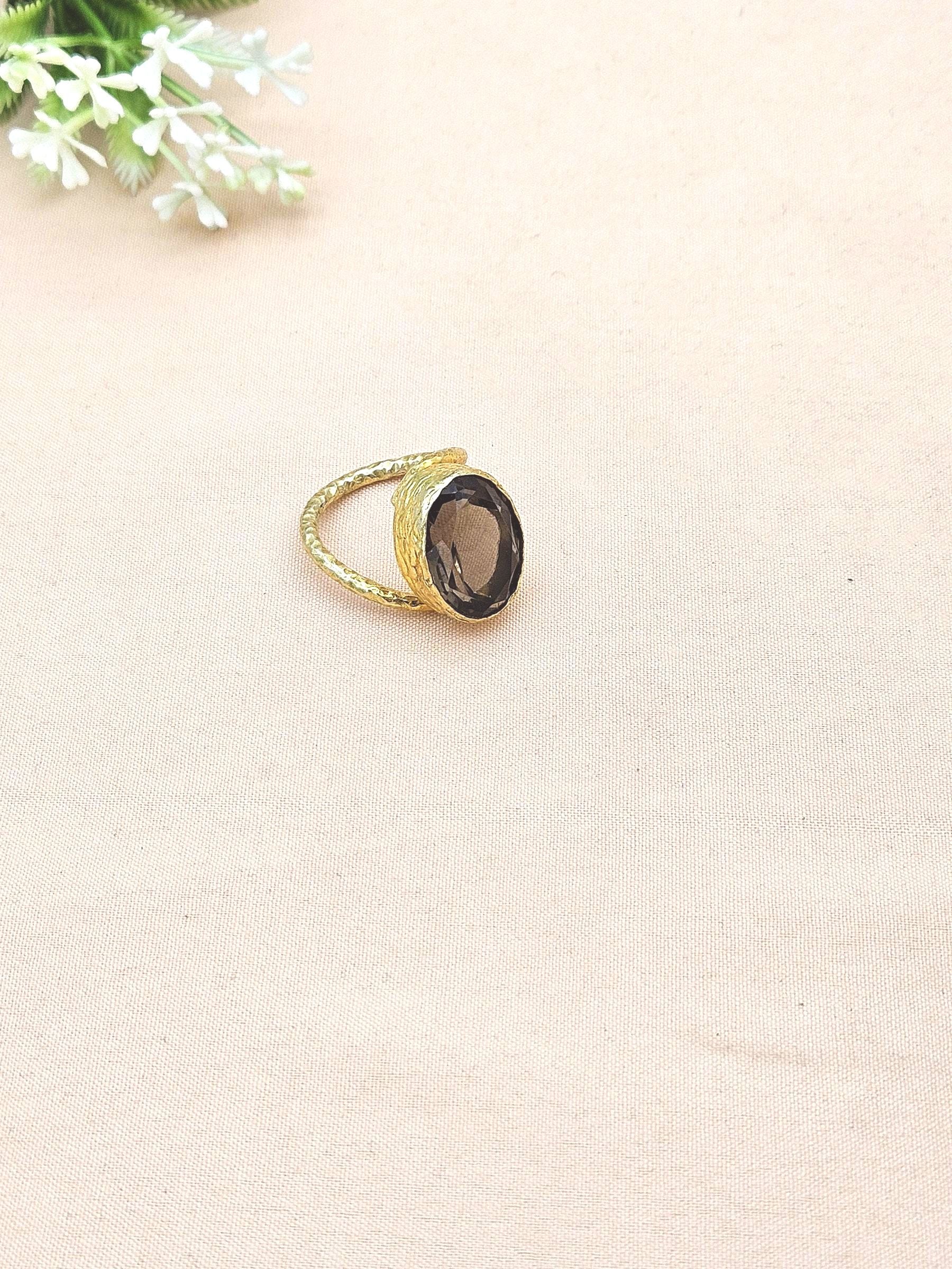 Handcrafted Gold Plated Smoky Stone Unisex Ring – Hammered Band Designer Finger Ring
