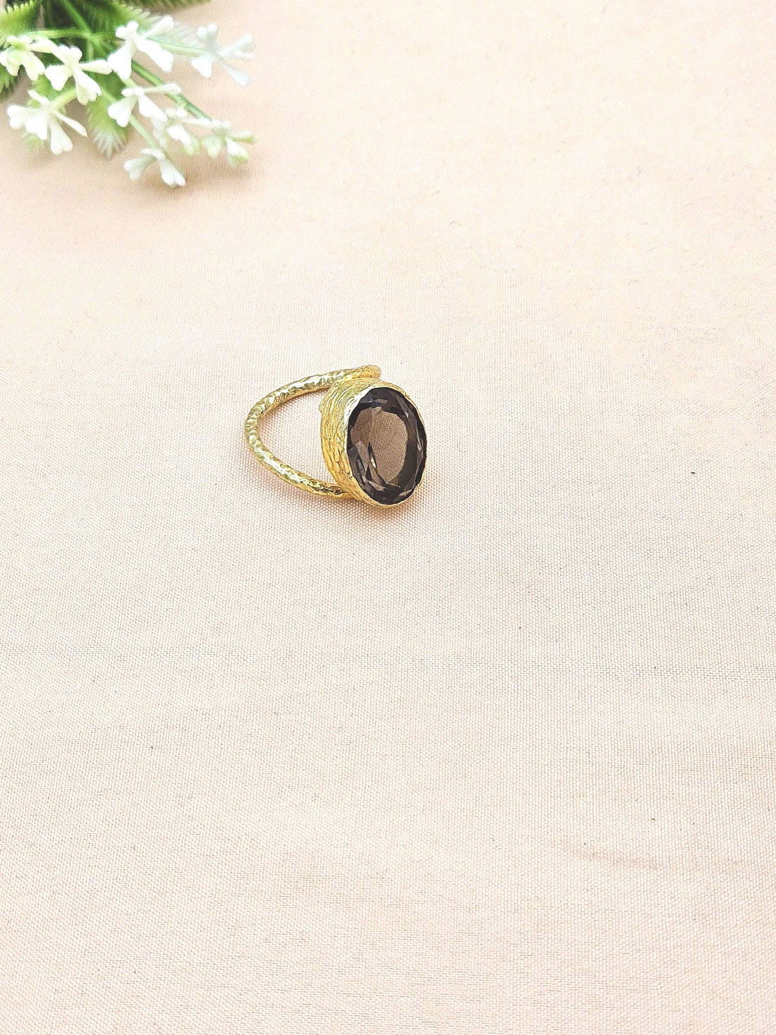 Handcrafted Gold Plated Smoky Stone Unisex Ring – Hammered Band Designer Finger Ring