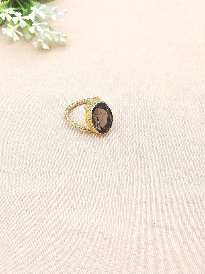 Handcrafted Gold Plated Smoky Stone Unisex Ring – Hammered Band Designer Finger Ring