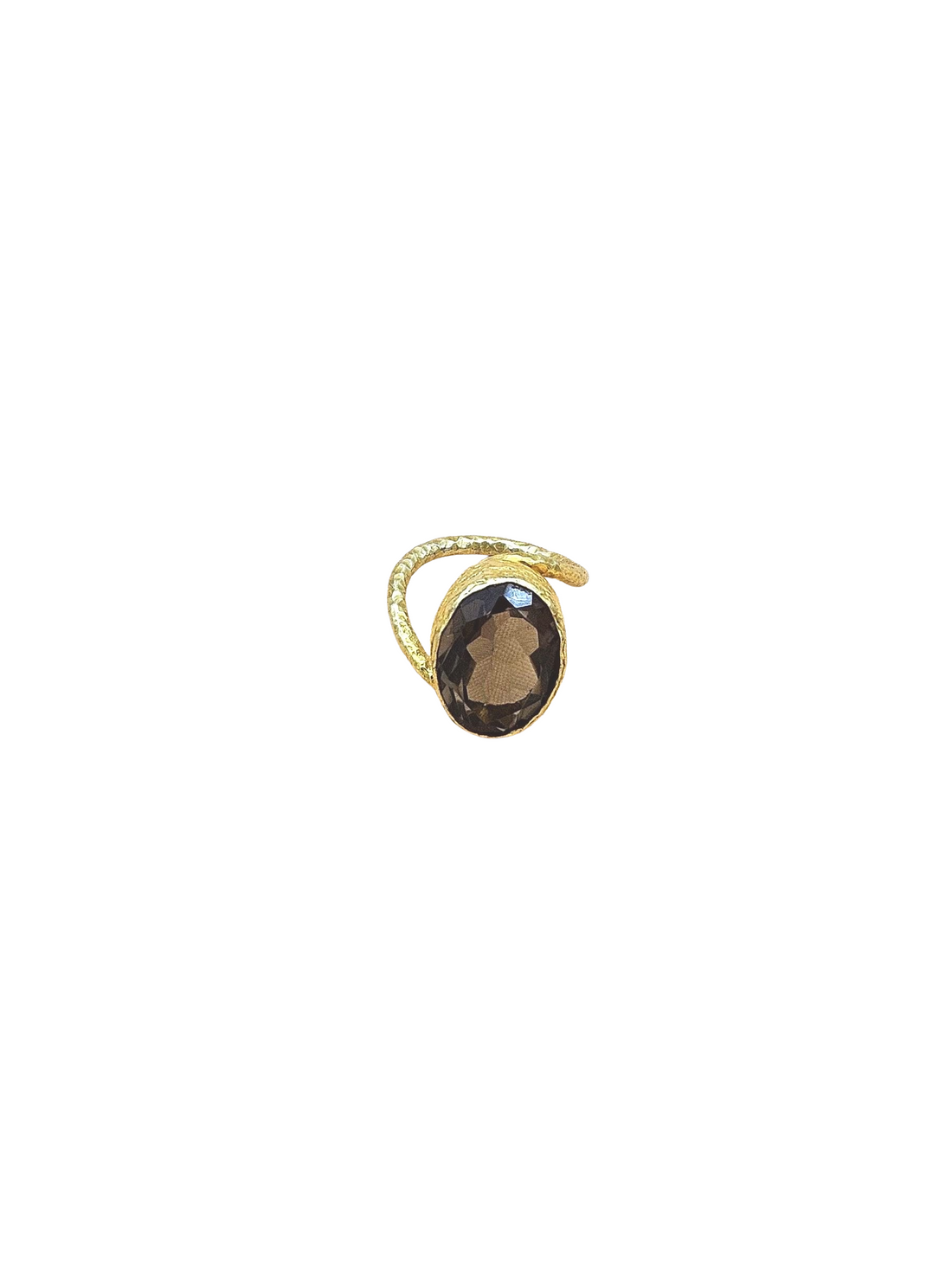 Handcrafted Gold Plated Smoky Stone Unisex Ring – Hammered Band Designer Finger Ring