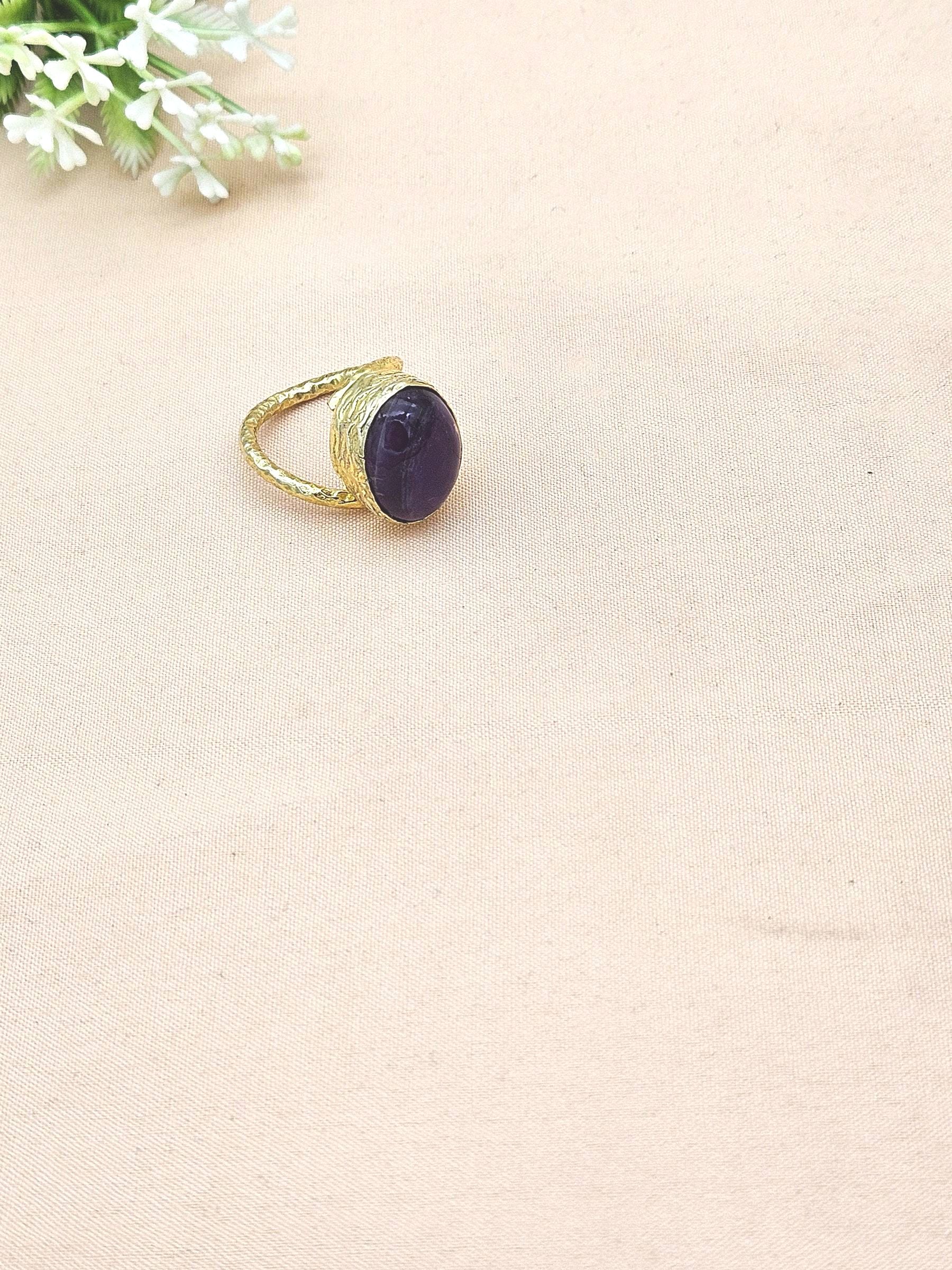 Handcrafted Gold Plated Amethyst Unisex Ring – Hammered Band Designer Jewelry