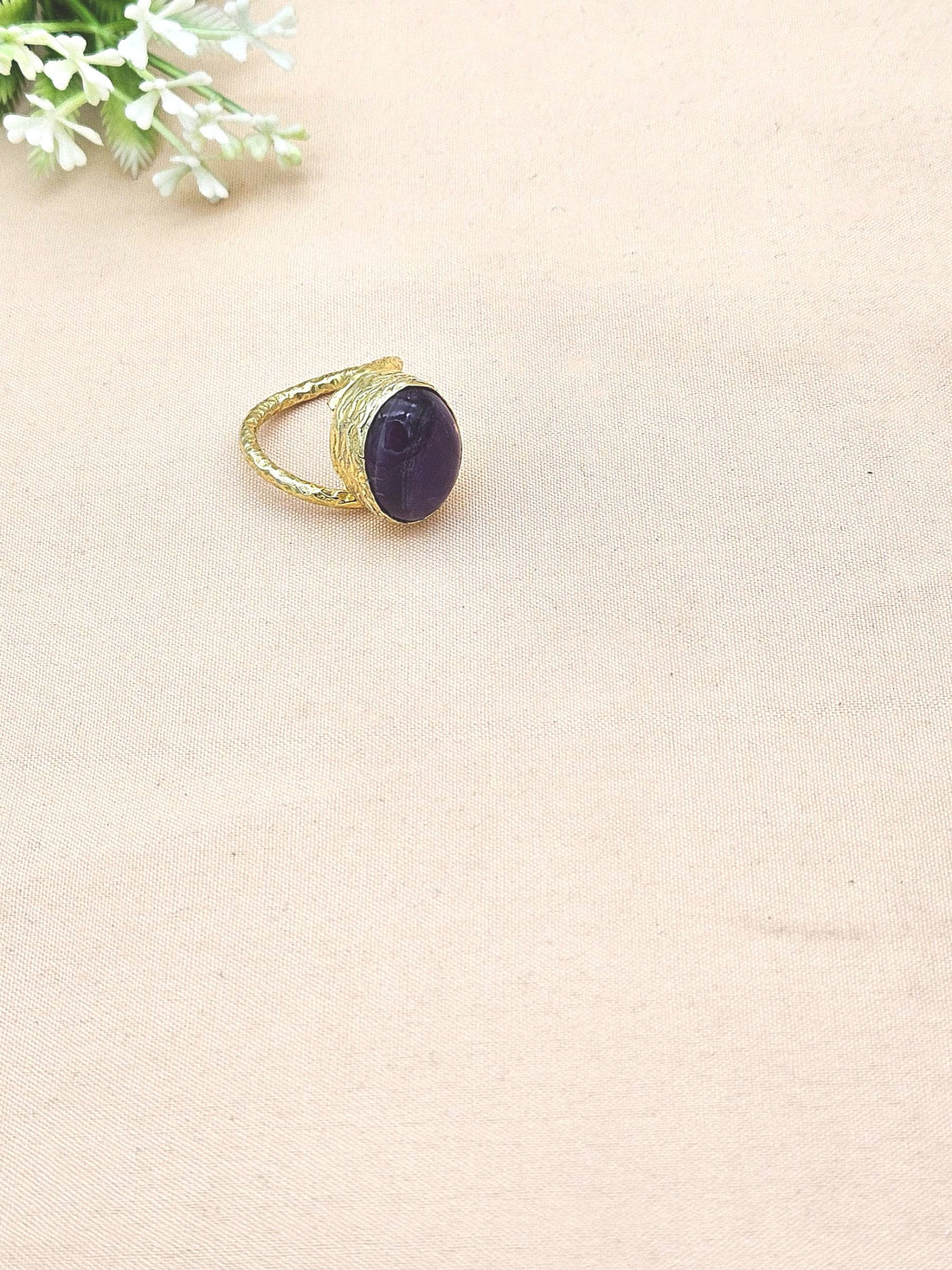 Handcrafted Gold Plated Amethyst Unisex Ring – Hammered Band Designer Jewelry