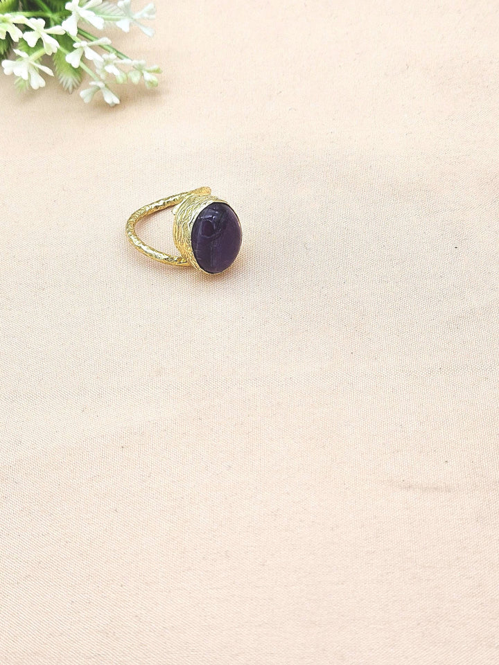 Handcrafted Gold Plated Amethyst Unisex Ring – Hammered Band Designer Jewelry