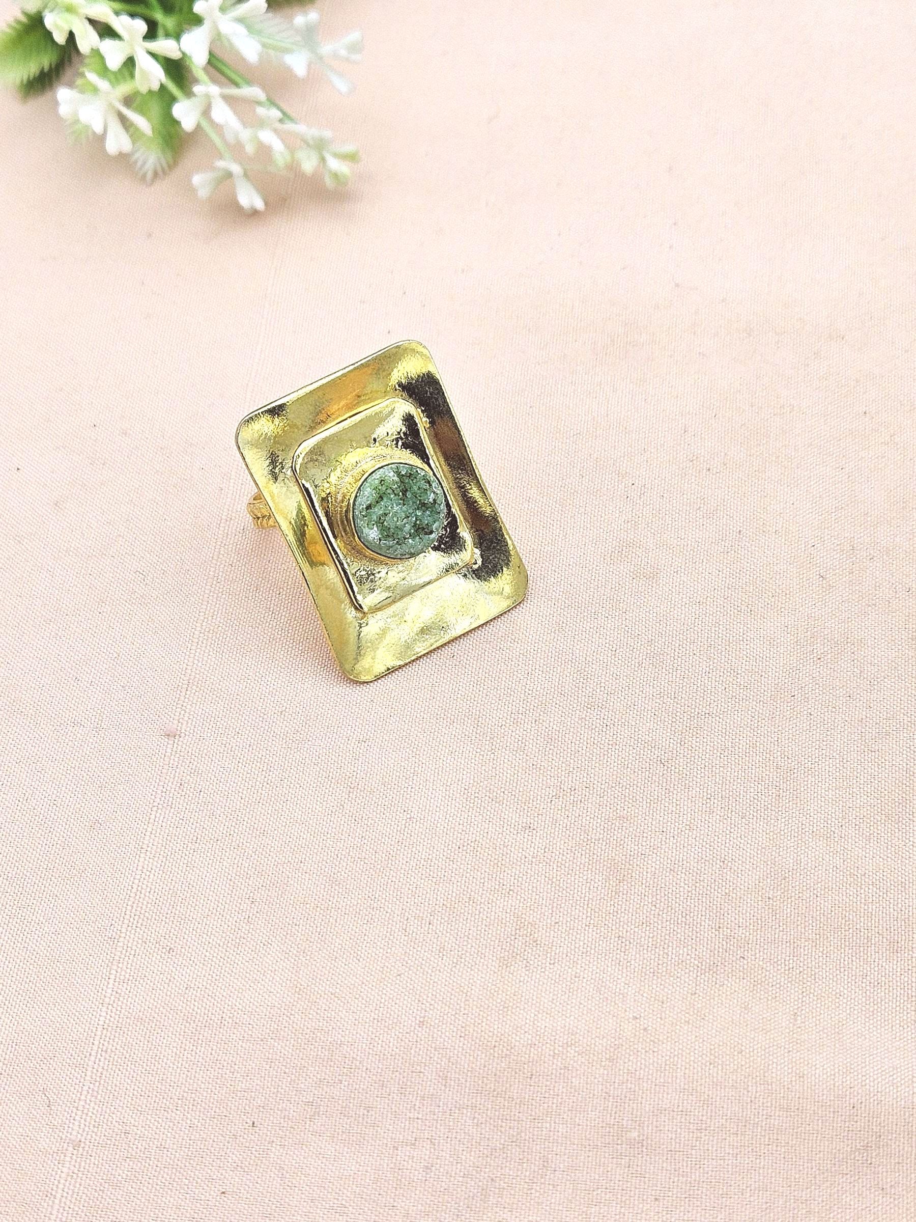 Elegant Green Druzy Stone Ring for Women - Handmade Gold plated Jewelry
