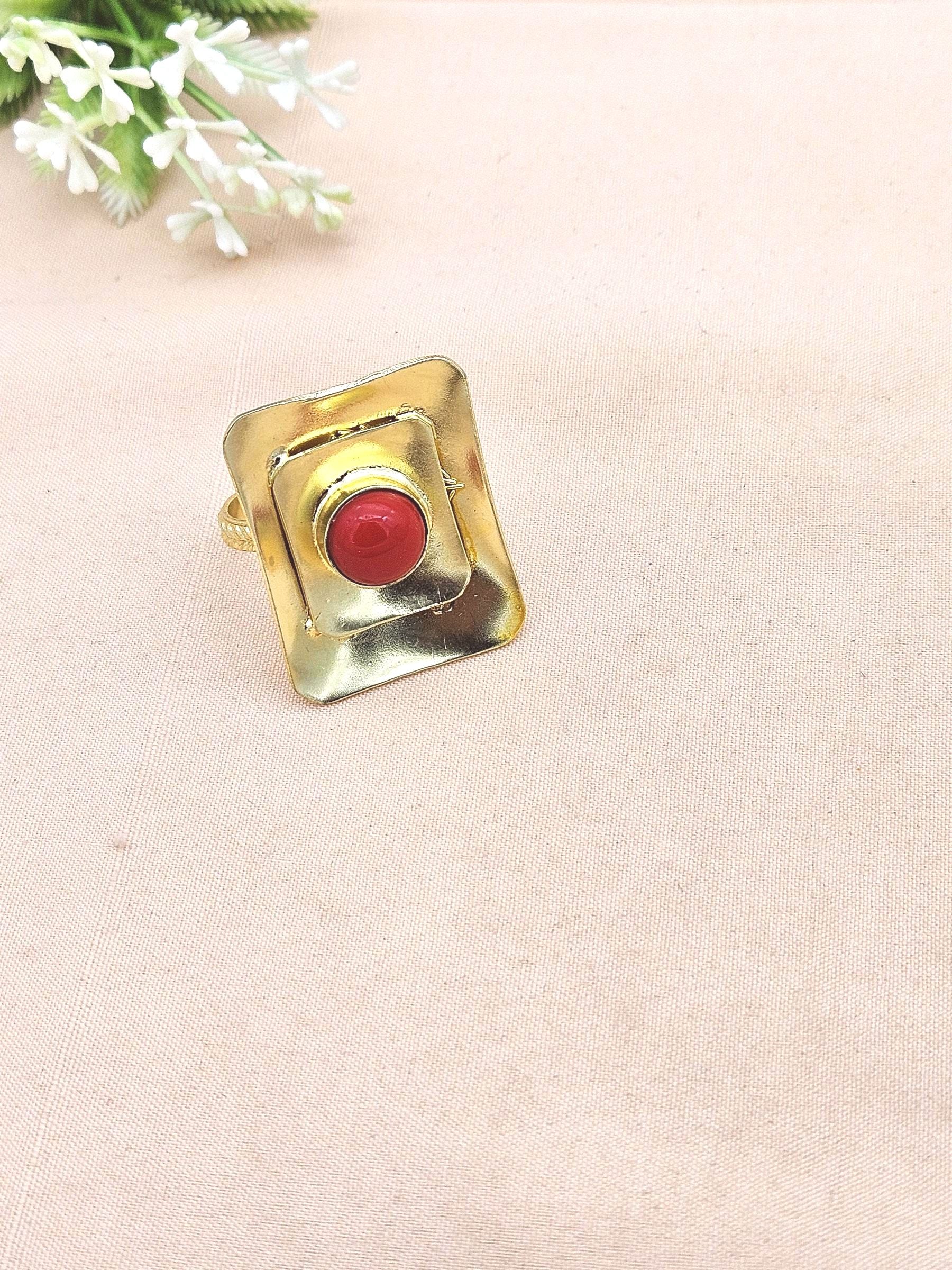 Handcrafted Gold plated Coral Stone Ring for Women - Stylish Statement Ring