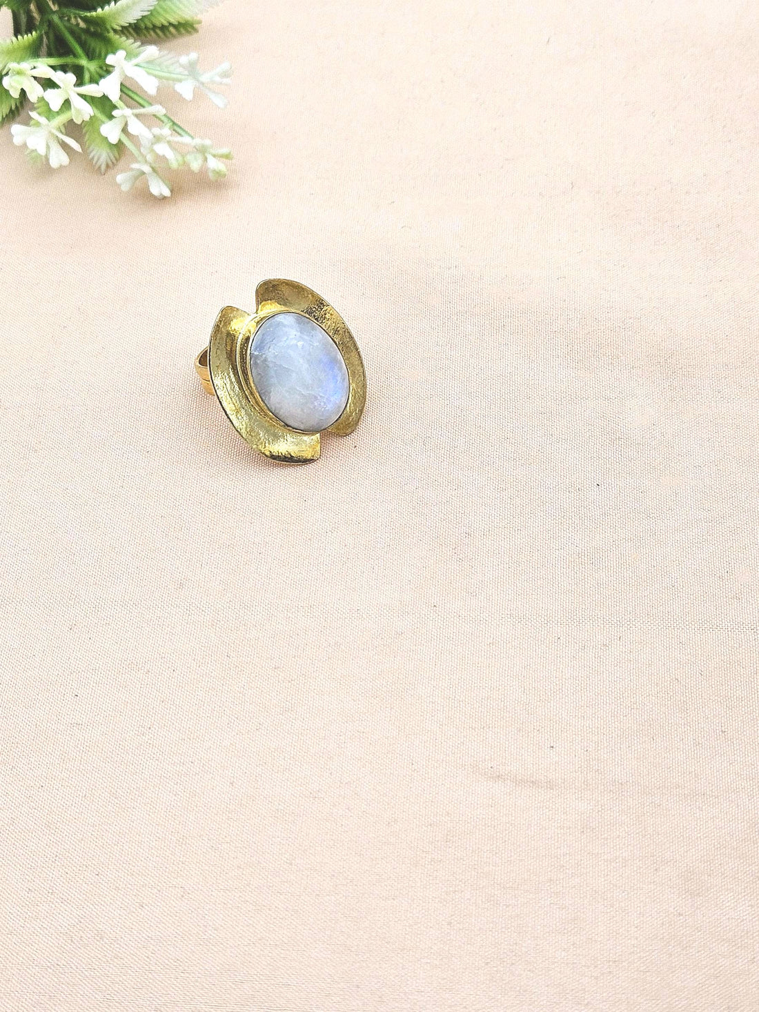 Handcrafted Gold Plated White Rainbow Stone Ring – Charming Designer Jewelry