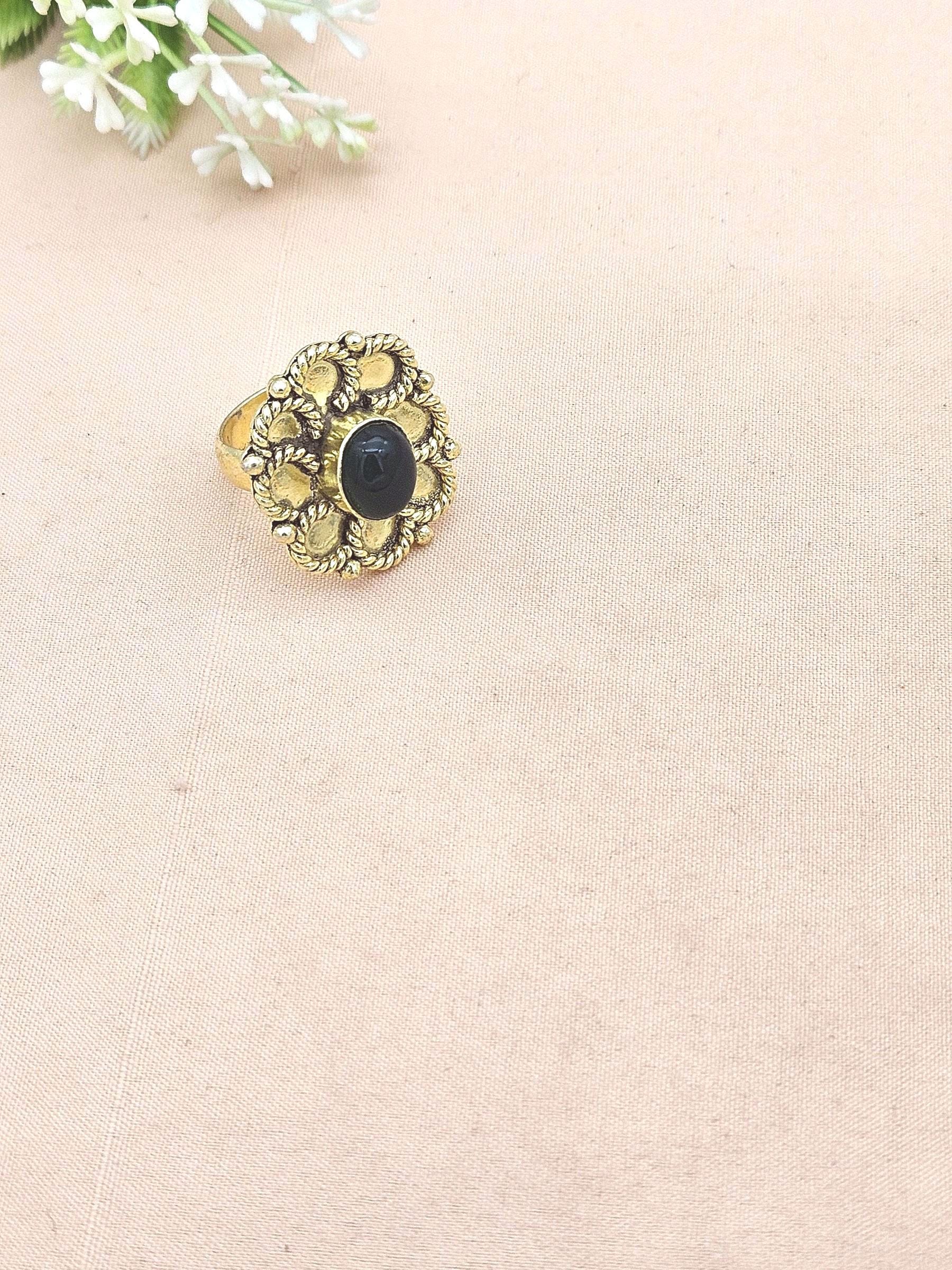Elegant Handmade Gold plated Green Onyx Floral Ring - Women's Gemstone Fashion Jewelry