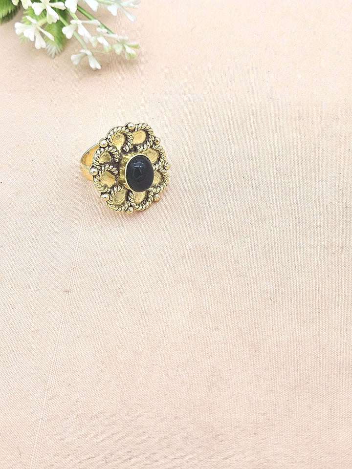 Elegant Handmade Gold plated Green Onyx Floral Ring - Women's Gemstone Fashion Jewelry