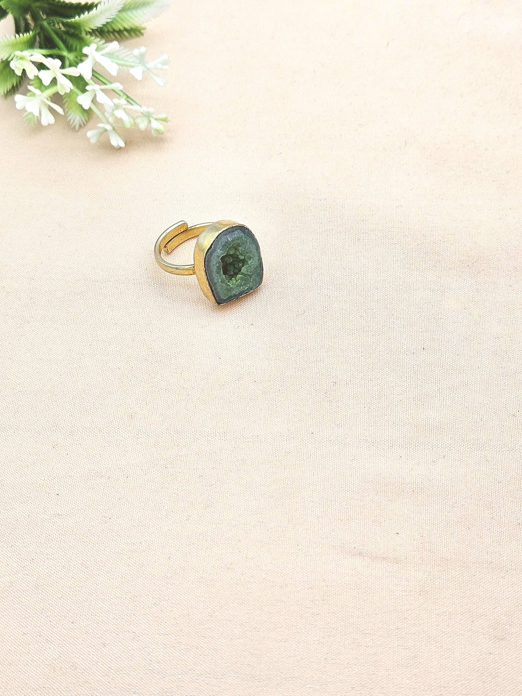 Handcrafted Gold Plated Green Agate Druzy Stone Ring for Women – Charming Designer Jewelry