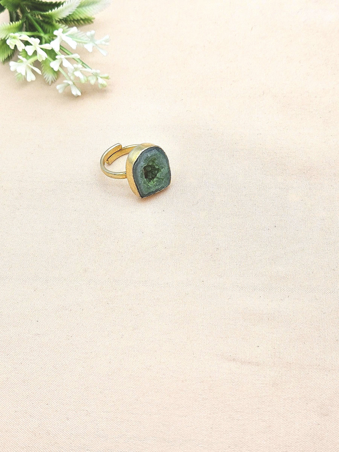 Handcrafted Gold Plated Green Agate Druzy Stone Ring for Women – Charming Designer Jewelry