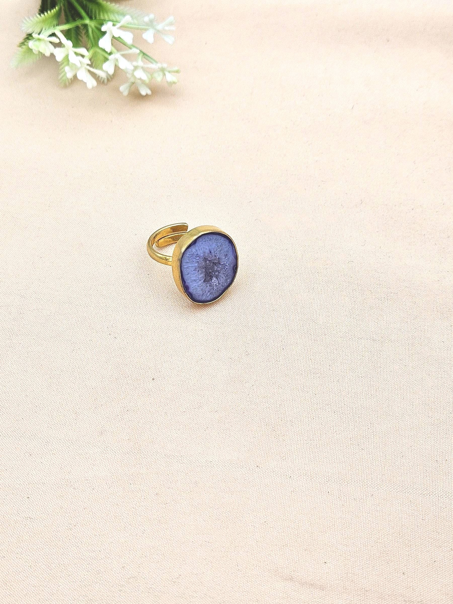 Handcrafted Gold Plated Blue Agate Druzy Stone Ring for Women – Charming Designer Jewelry