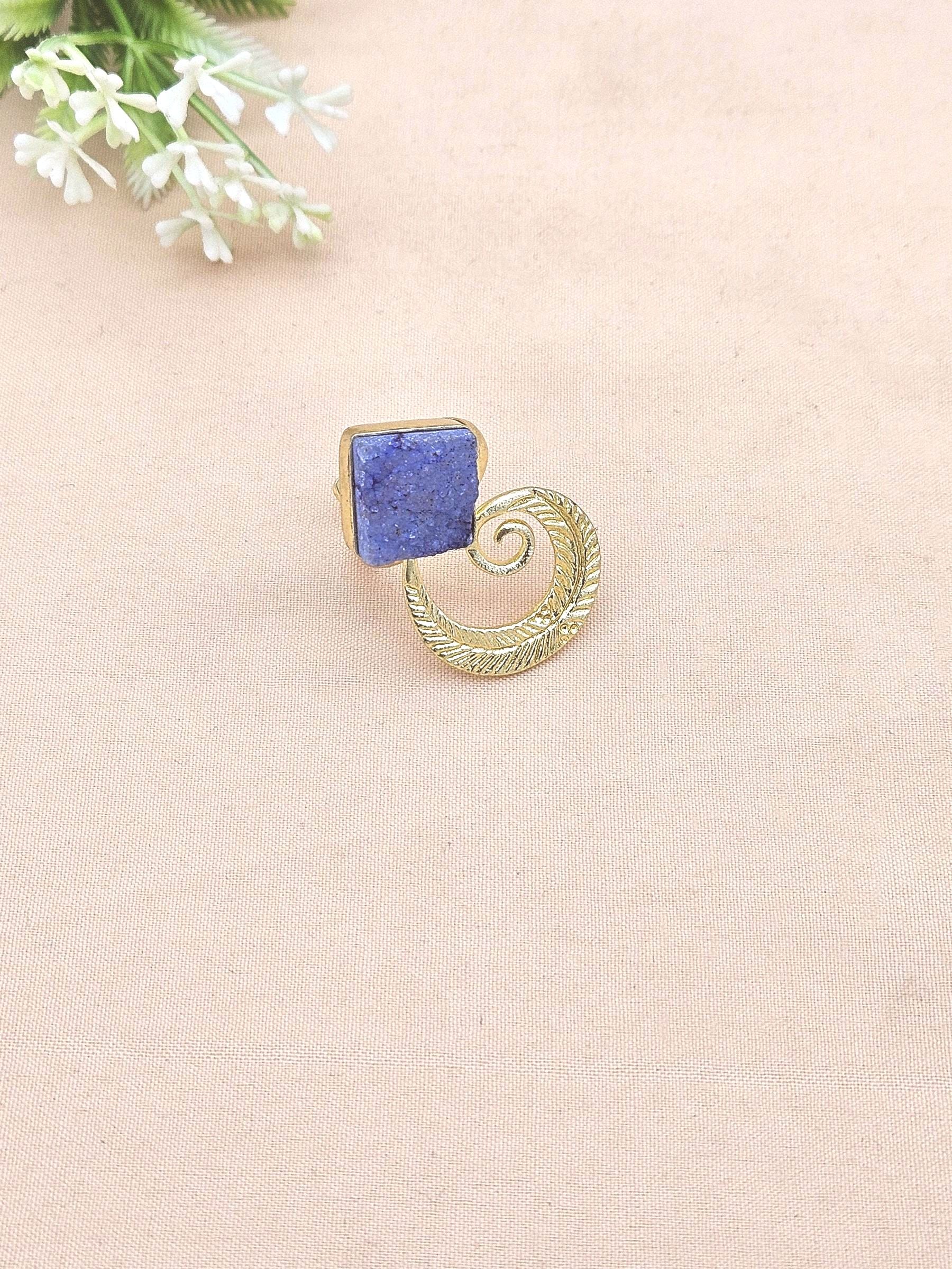 Handmade Gold Plated Navy Blue Druzy Stone Ring - Elegant Charming Designer Jewelry for Women
