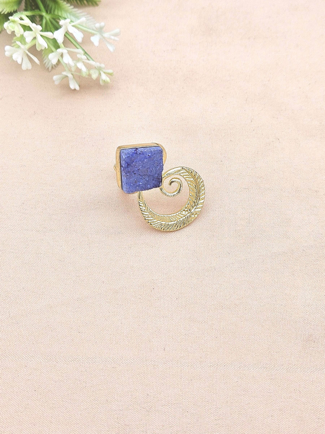 Handmade Gold Plated Navy Blue Druzy Stone Ring - Elegant Charming Designer Jewelry for Women