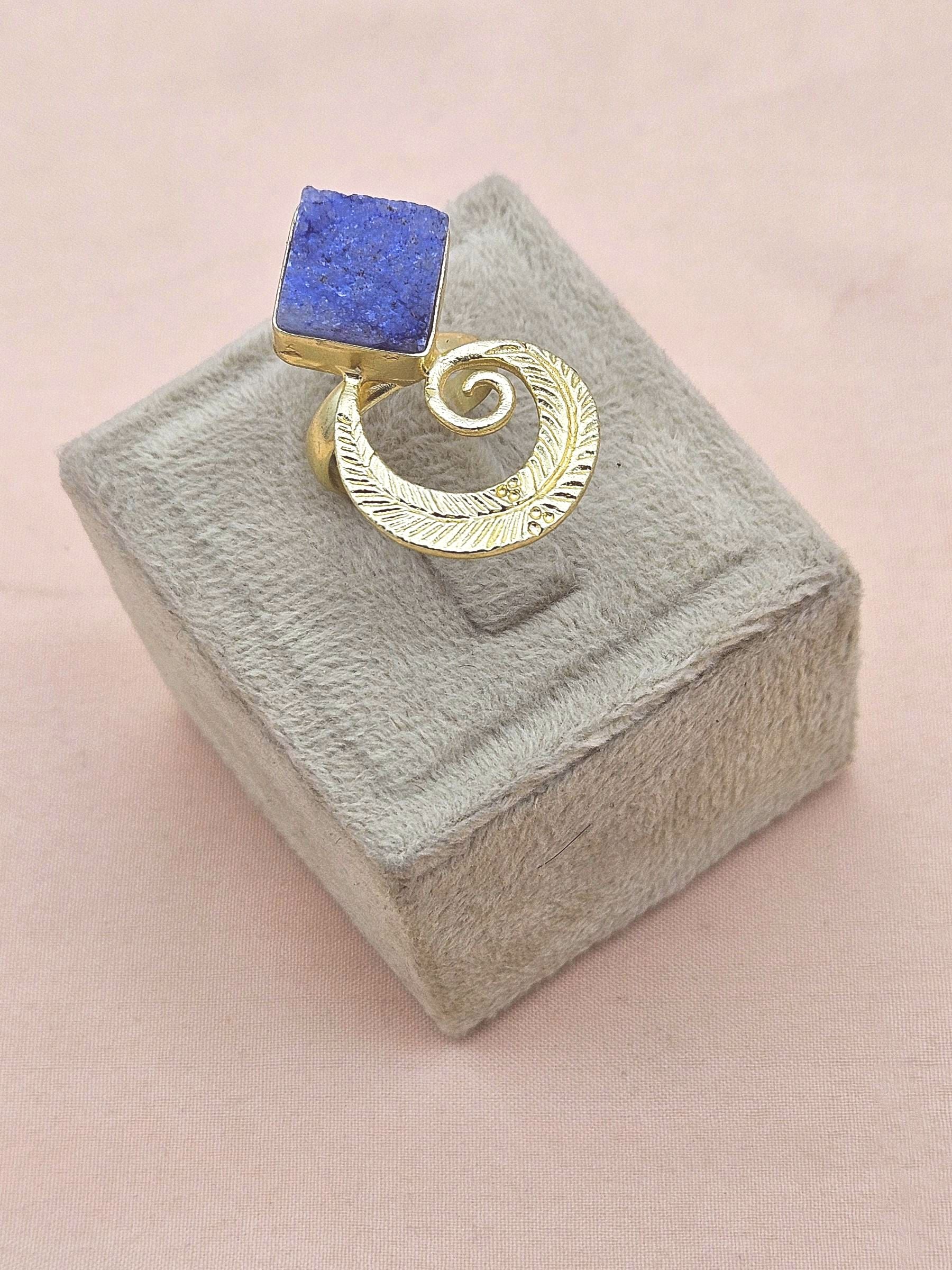 Handmade Gold Plated Navy Blue Druzy Stone Ring - Elegant Charming Designer Jewelry for Women