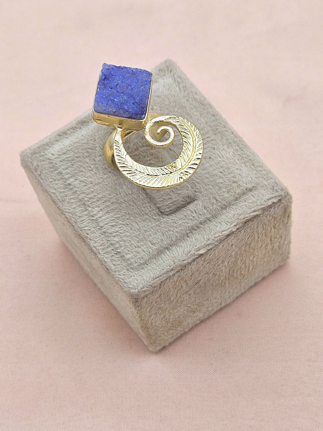Handmade Gold Plated Navy Blue Druzy Stone Ring - Elegant Charming Designer Jewelry for Women