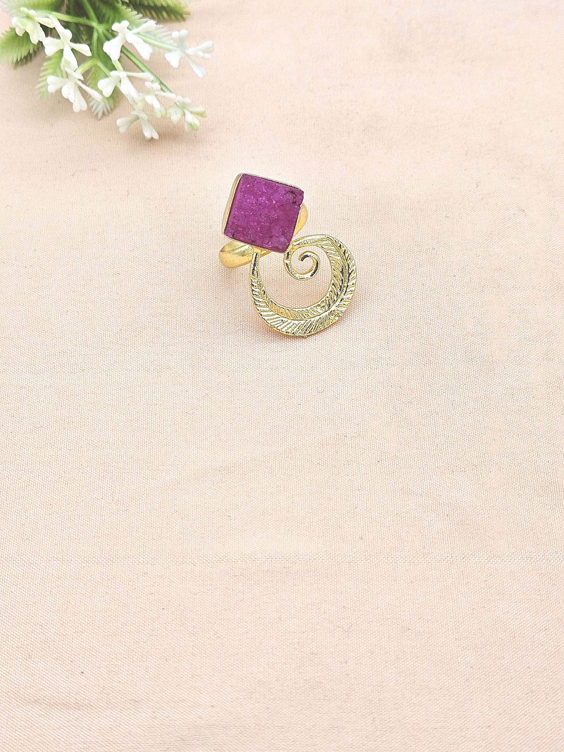 Handmade Gold Plated Magenta Druzy Stone Ring - Elegant Charming Designer Jewelry for Women