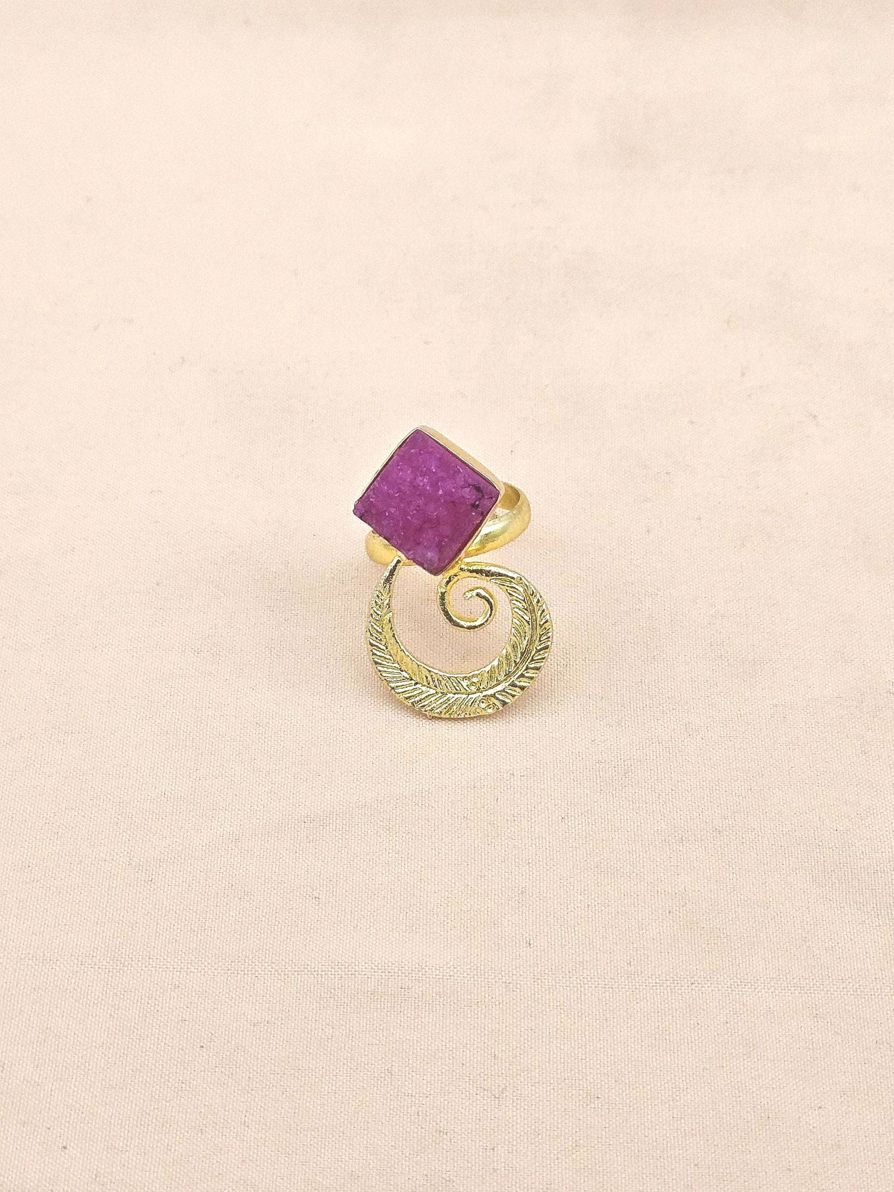 Handmade Gold Plated Magenta Druzy Stone Ring - Elegant Charming Designer Jewelry for Women