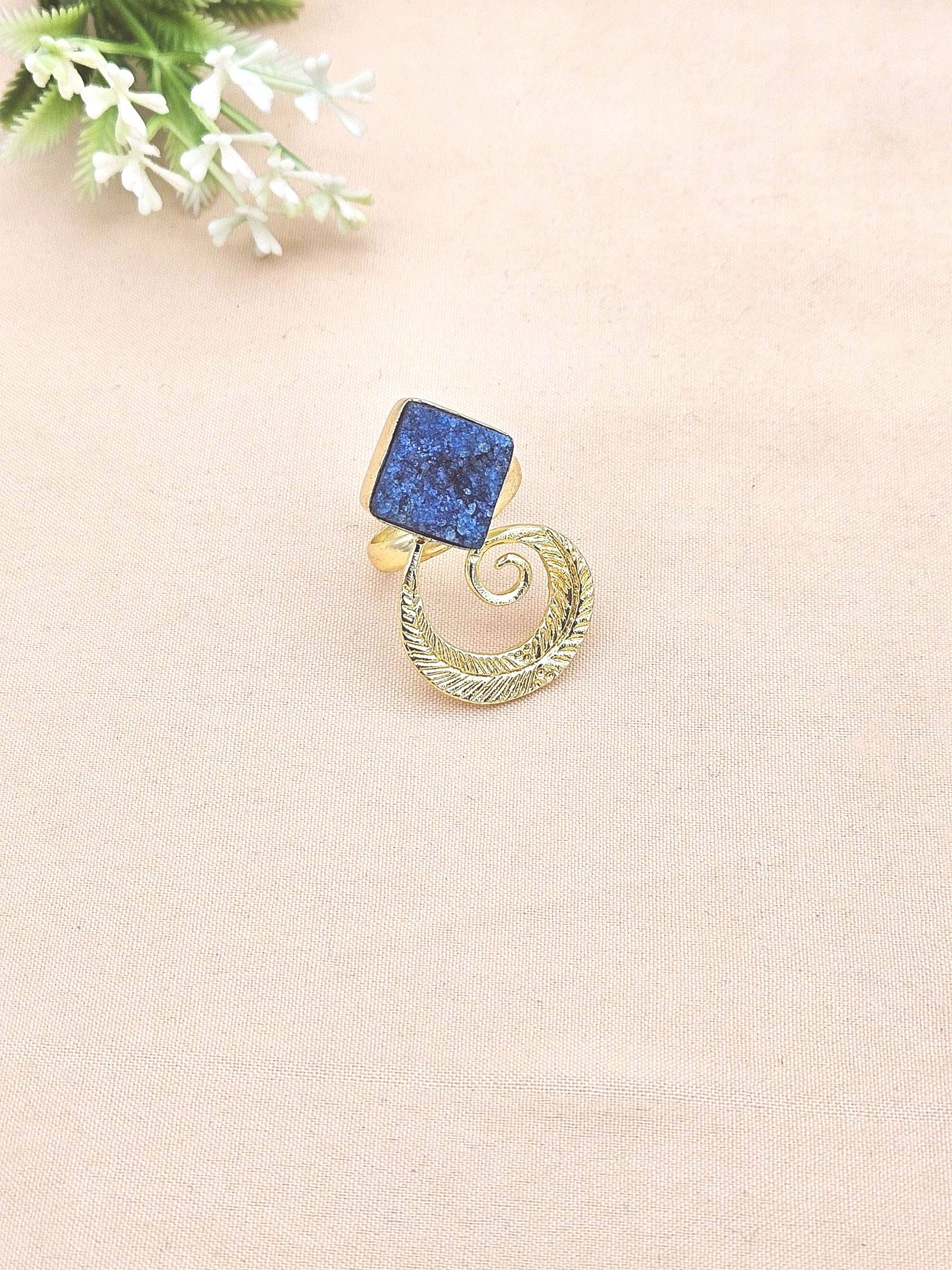 Handmade Gold Plated Pine Green Druzy Stone Ring - Elegant Charming Designer Jewelry for Women
