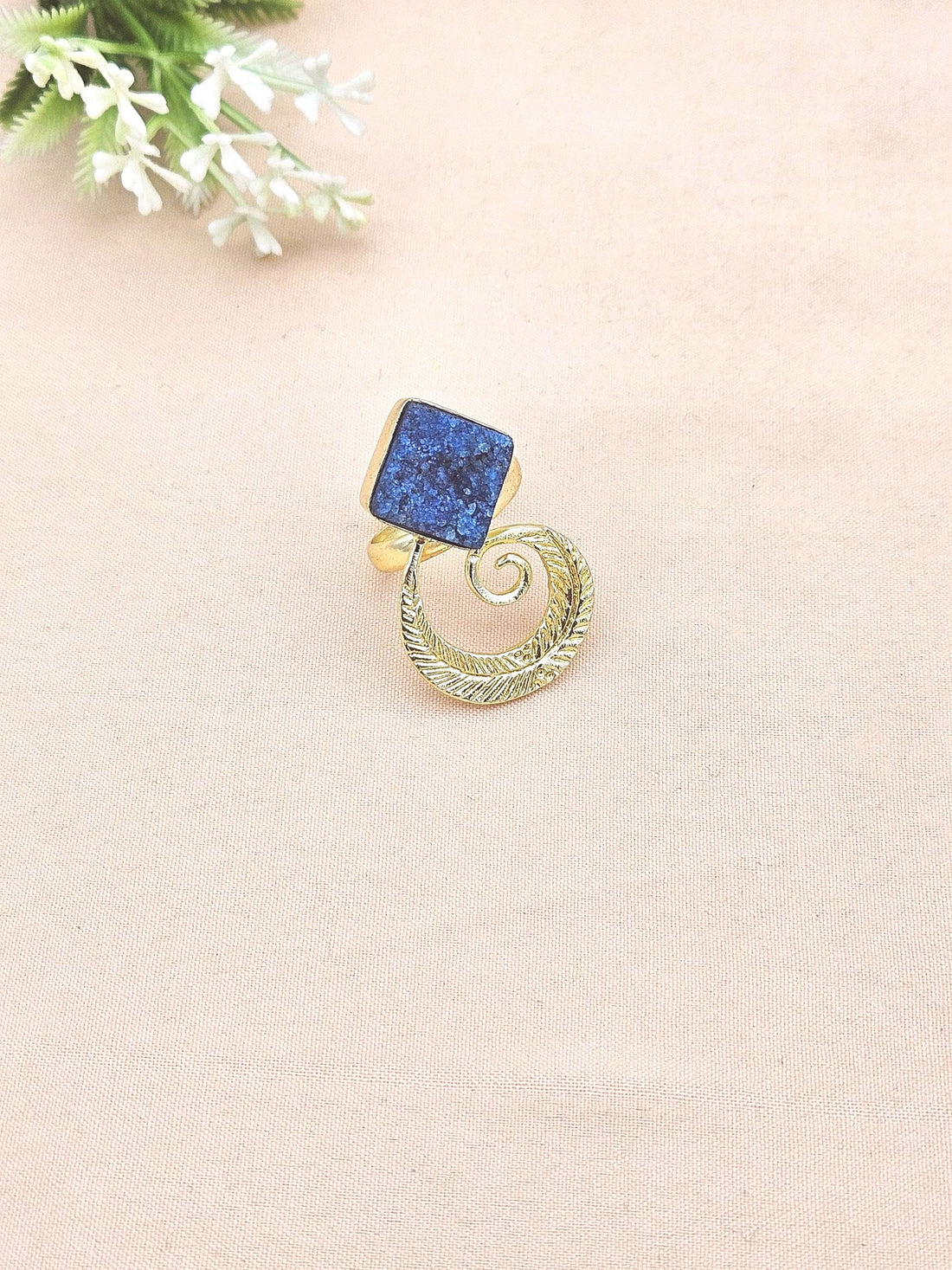 Handmade Gold Plated Pine Green Druzy Stone Ring - Elegant Charming Designer Jewelry for Women