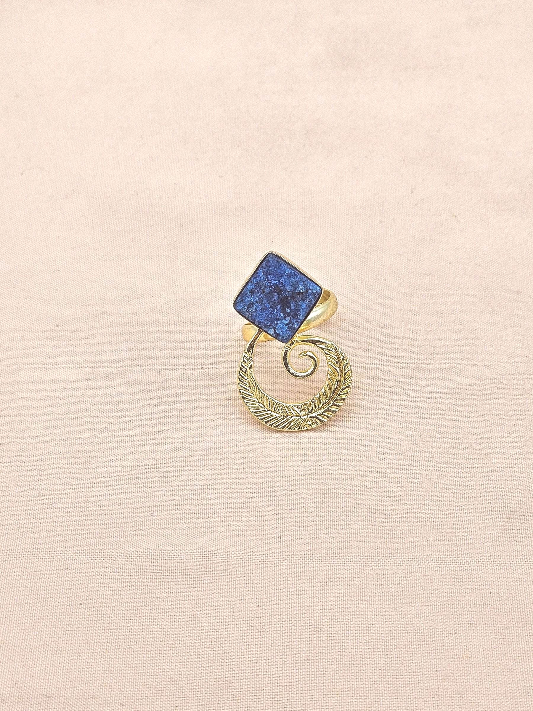 Handmade Gold Plated Pine Green Druzy Stone Ring - Elegant Charming Designer Jewelry for Women