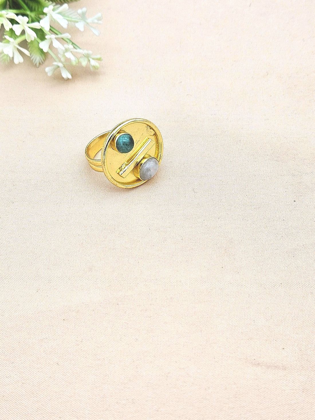 Handcrafted Gold Plated Malachite-White Rainbow Stone Ring for Women – Charming Designer Jewelry