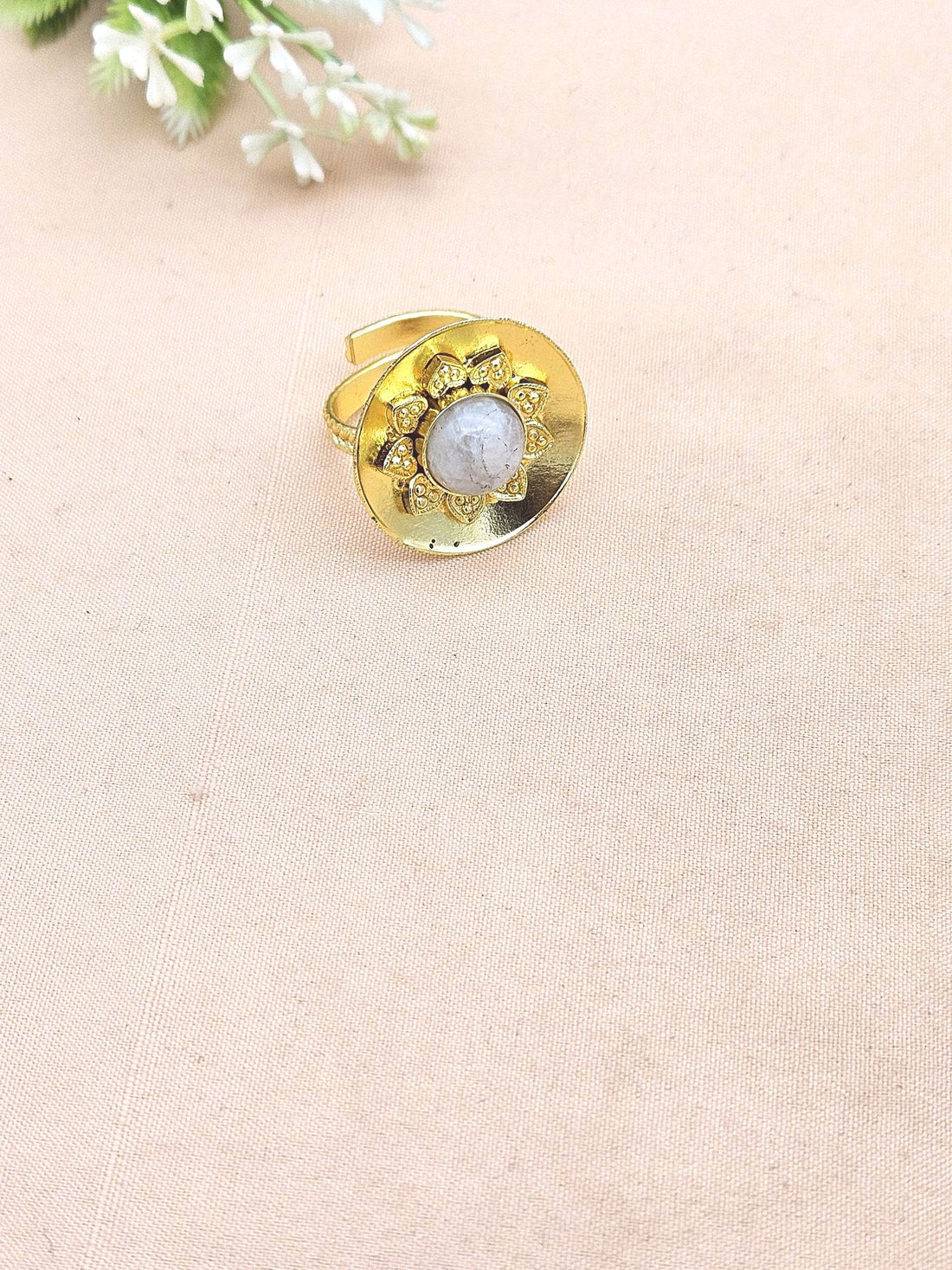Stylish Gold Plated White Rainbow Stone Ring - Handcrafted Elegant Jewelry for Women