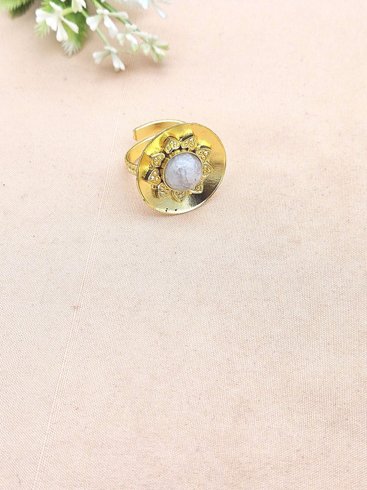 Stylish Gold Plated White Rainbow Stone Ring - Handcrafted Elegant Jewelry for Women