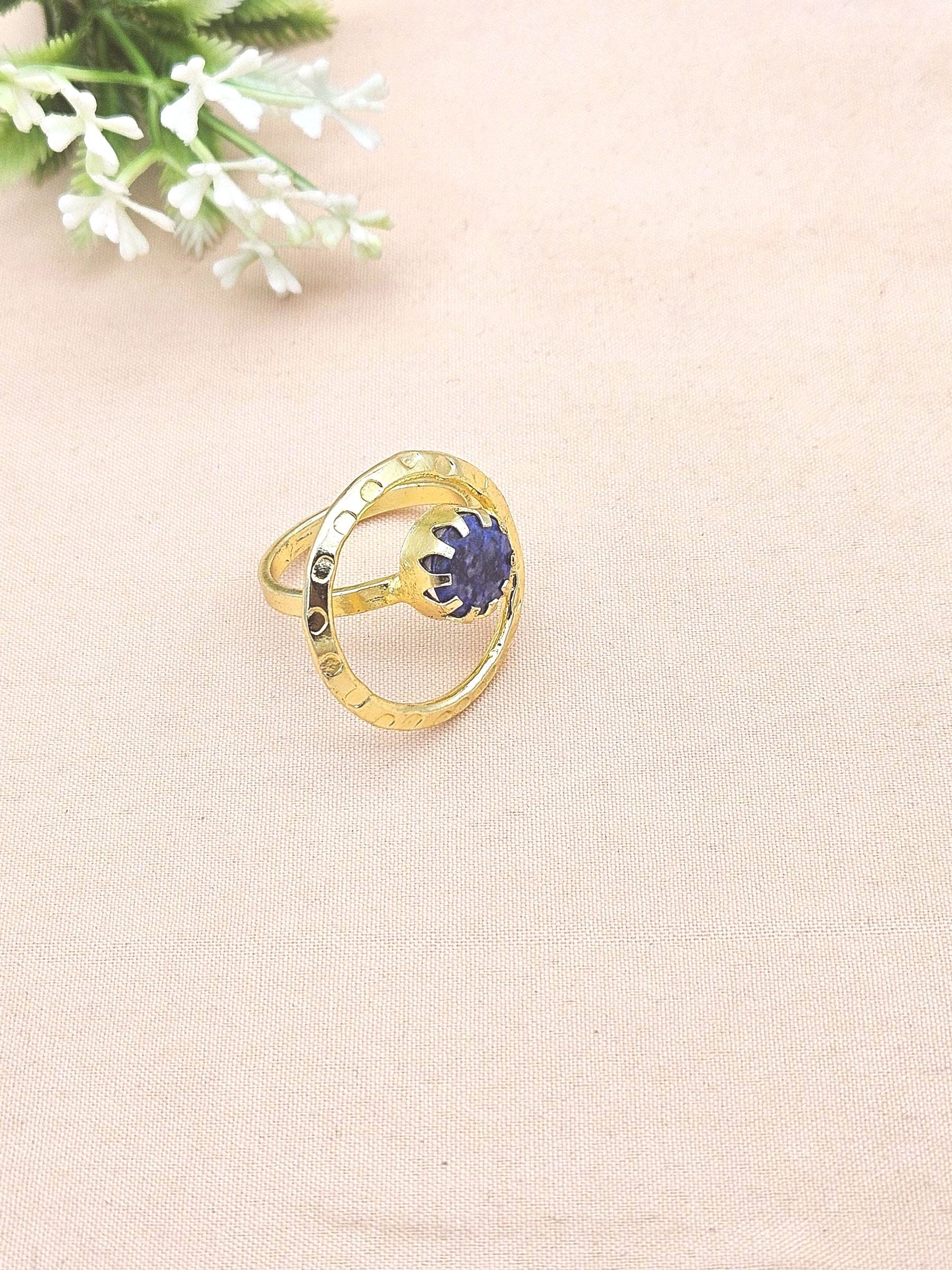 Handcrafted Gold Plated Blue Hathipara Stone Ring - Elegant Jewelry for Women