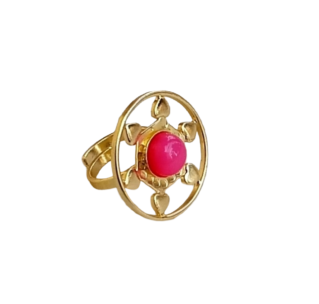 Handcrafted gold plated ring with magenta onyx stone for women, elegant gemstone jewelry