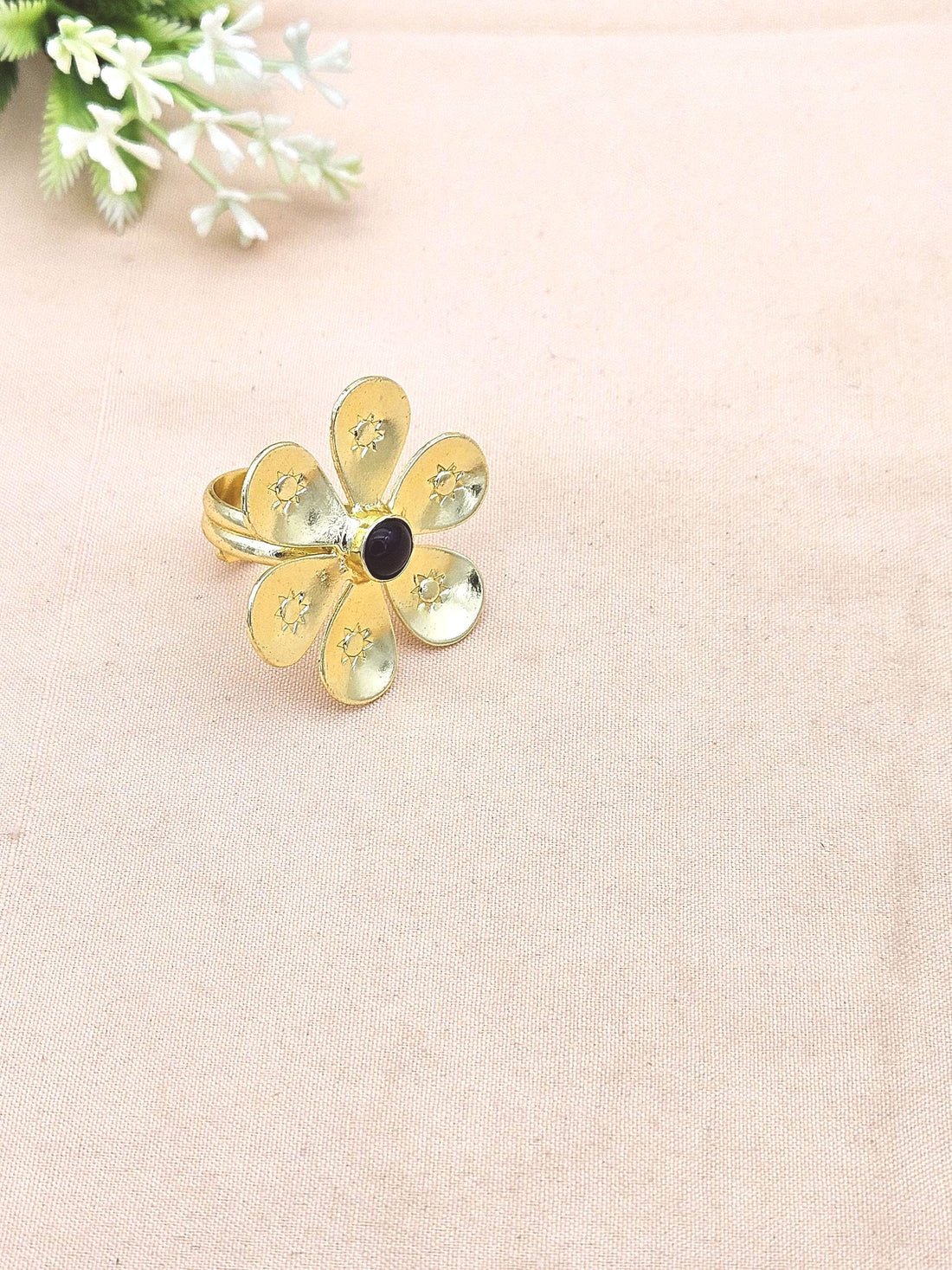 Handcrafted gold plated ring with Black Onyx Stone for women, elegant floral designer jewelry
