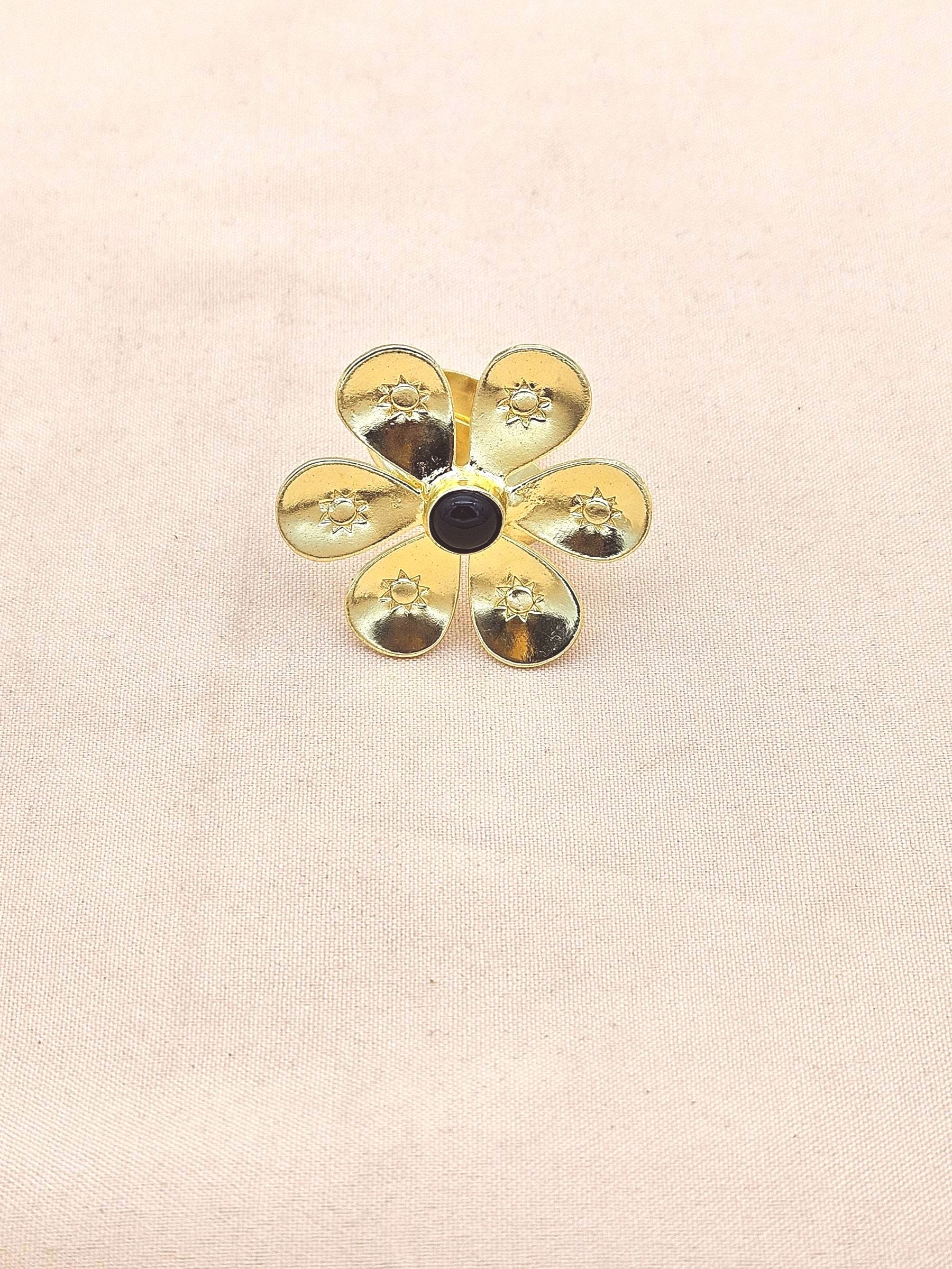 Handcrafted gold plated ring with Black Onyx Stone for women, elegant floral designer jewelry