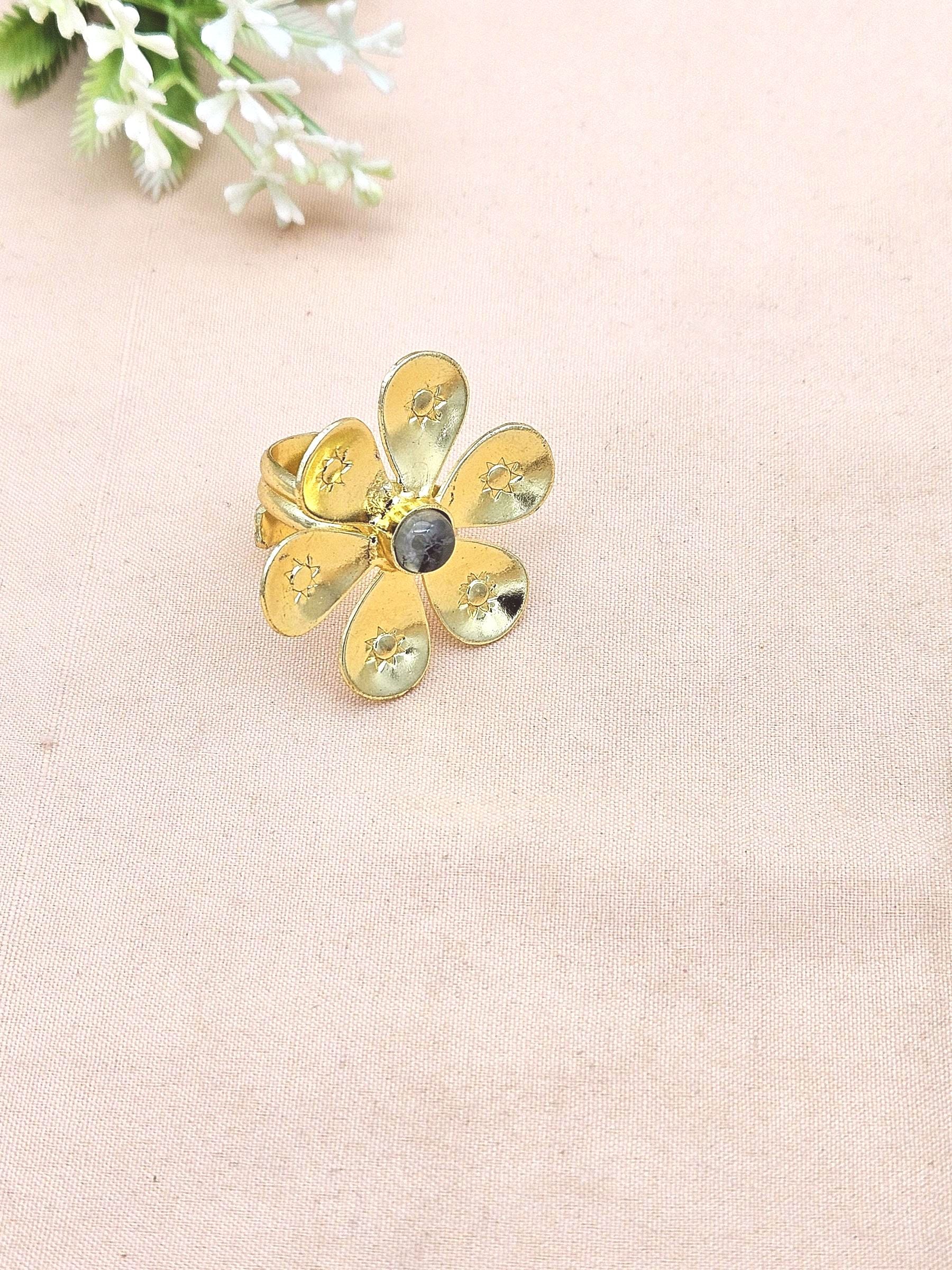 Handcrafted gold plated ring with Prehnite for women, elegant floral designer jewelry
