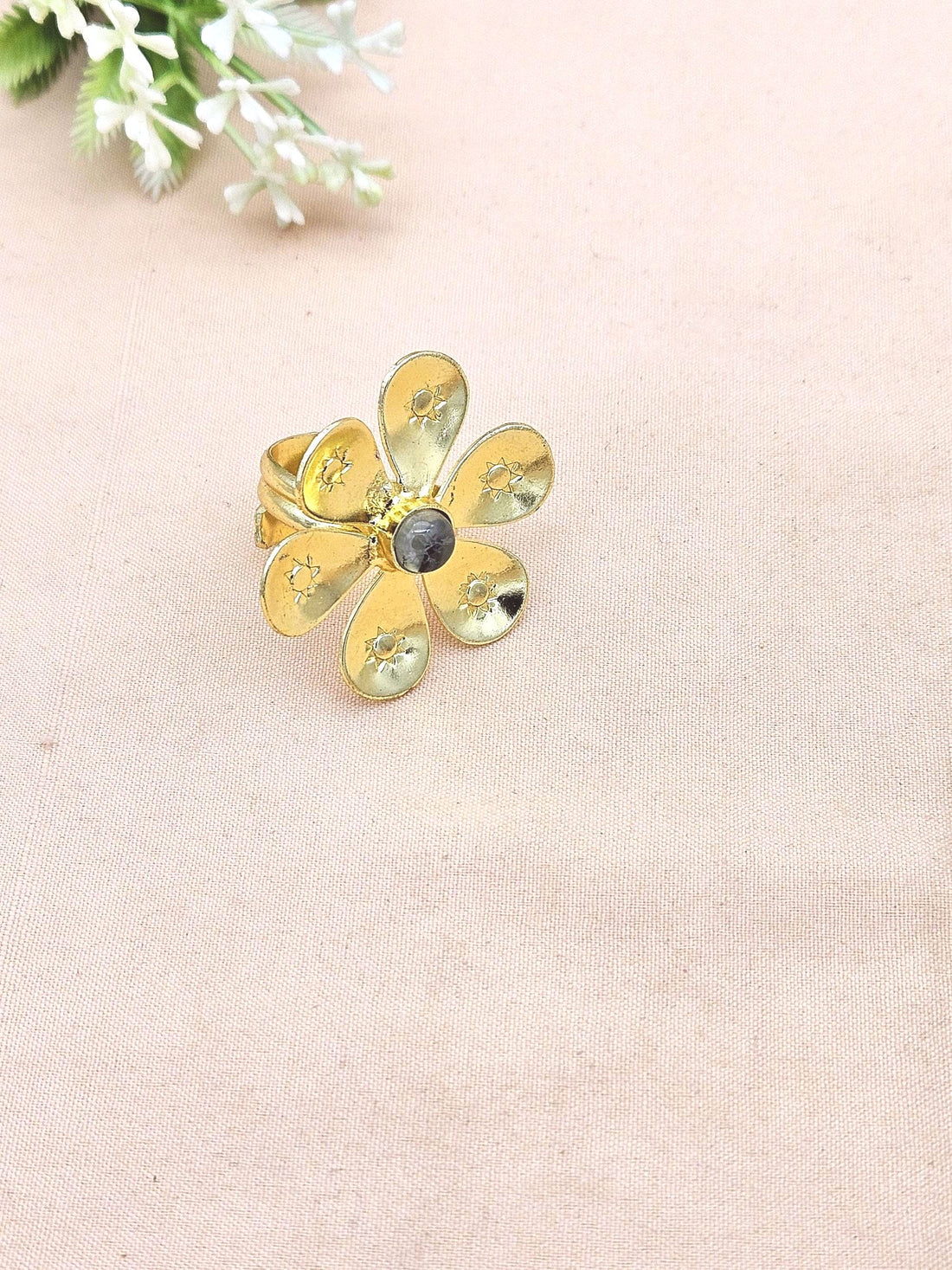 Handcrafted gold plated ring with Prehnite for women, elegant floral designer jewelry