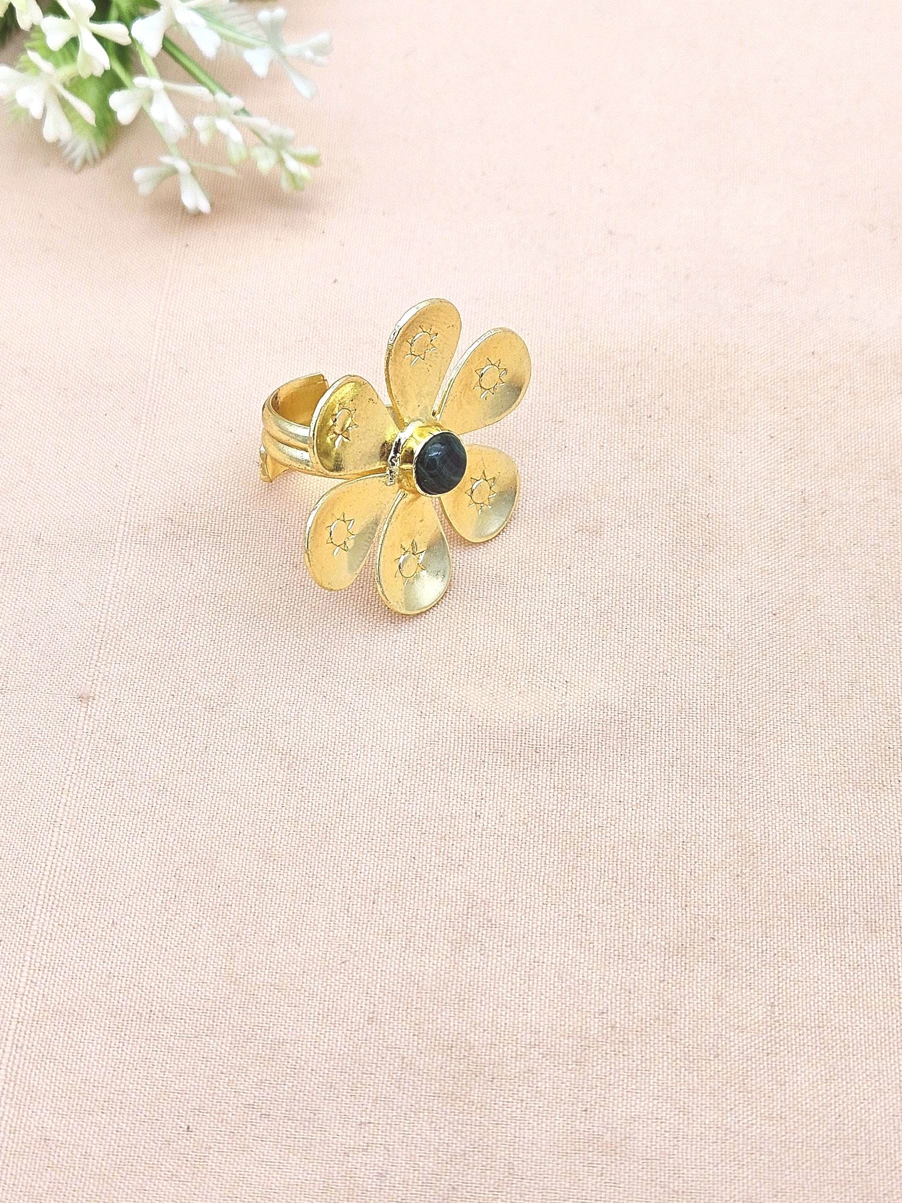 Handcrafted gold plated ring with Malachite Stone for women, elegant floral designer jewelry