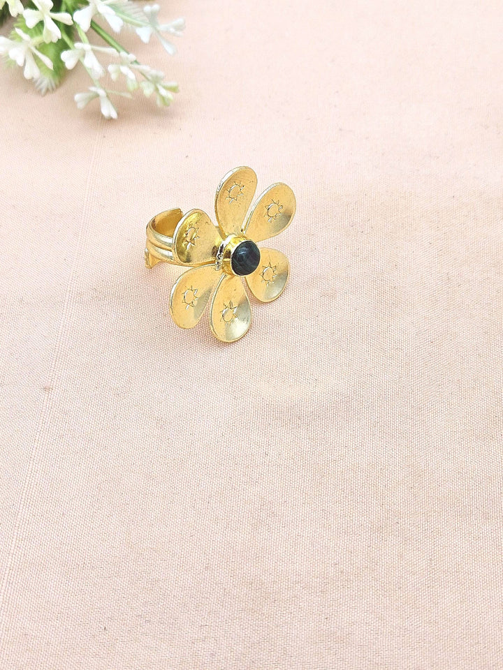Handcrafted gold plated ring with Malachite Stone for women, elegant floral designer jewelry