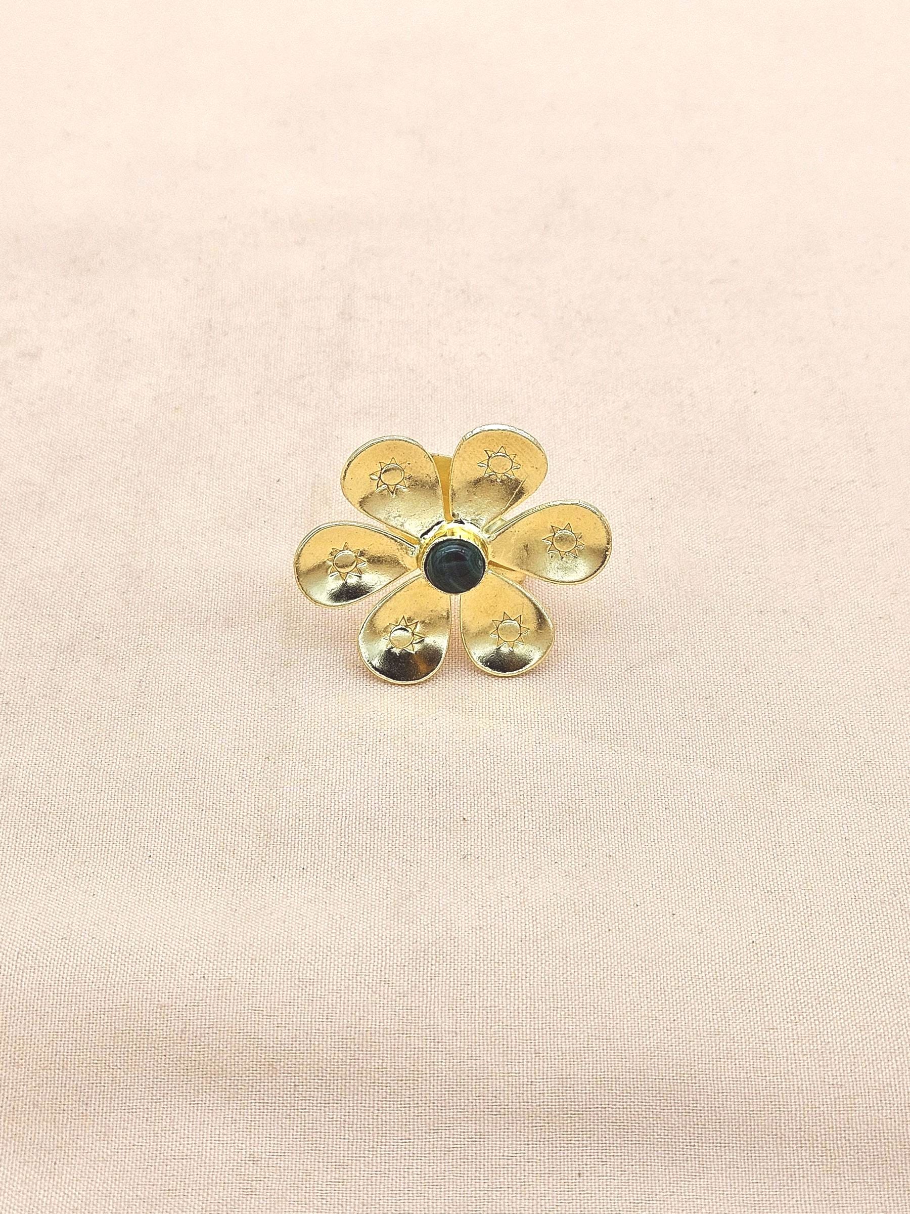 Handcrafted gold plated ring with Malachite Stone for women, elegant floral designer jewelry