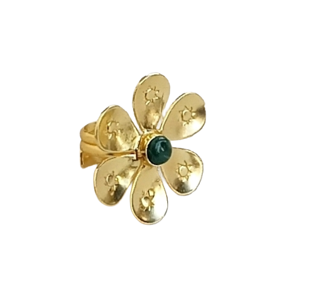 Handcrafted gold plated ring with Malachite Stone for women, elegant floral designer jewelry