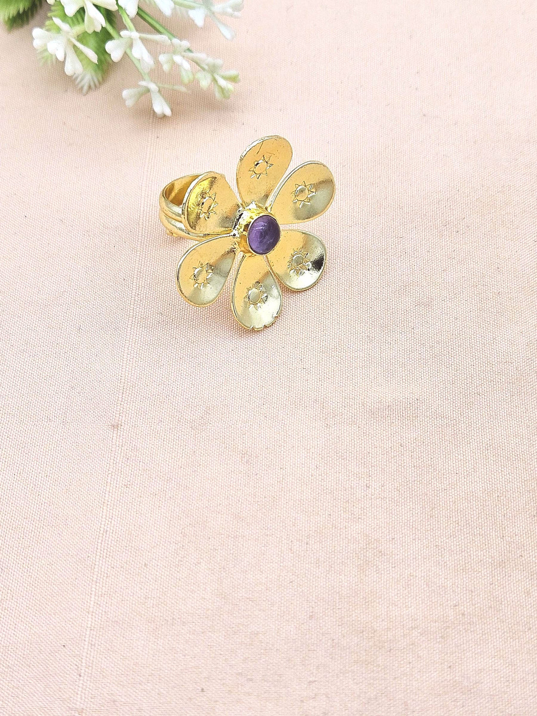 Handcrafted gold plated ring with Amethyst Stone for women, elegant floral designer jewelry