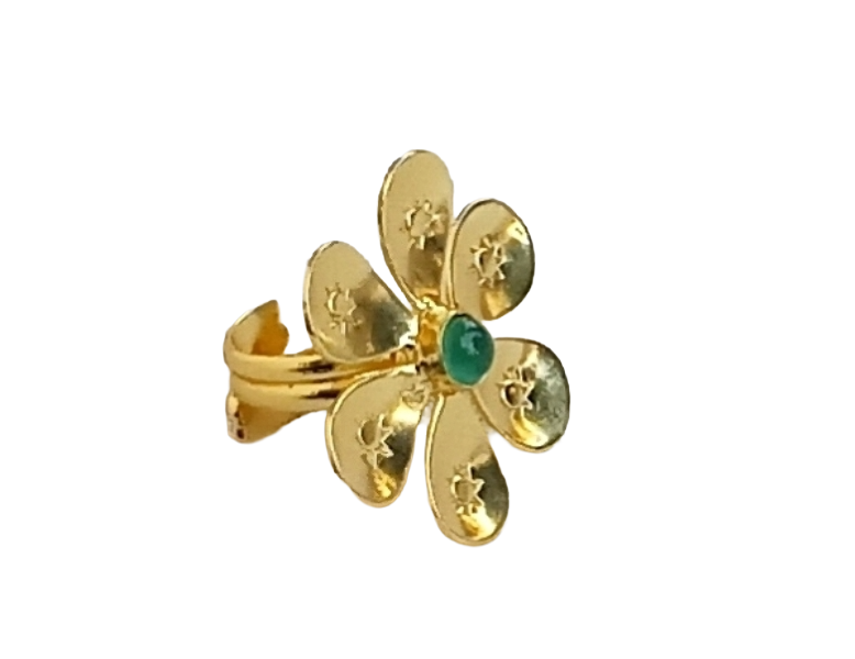 Handcrafted gold plated ring with Green Onyx Stone for women, elegant floral designer jewelry