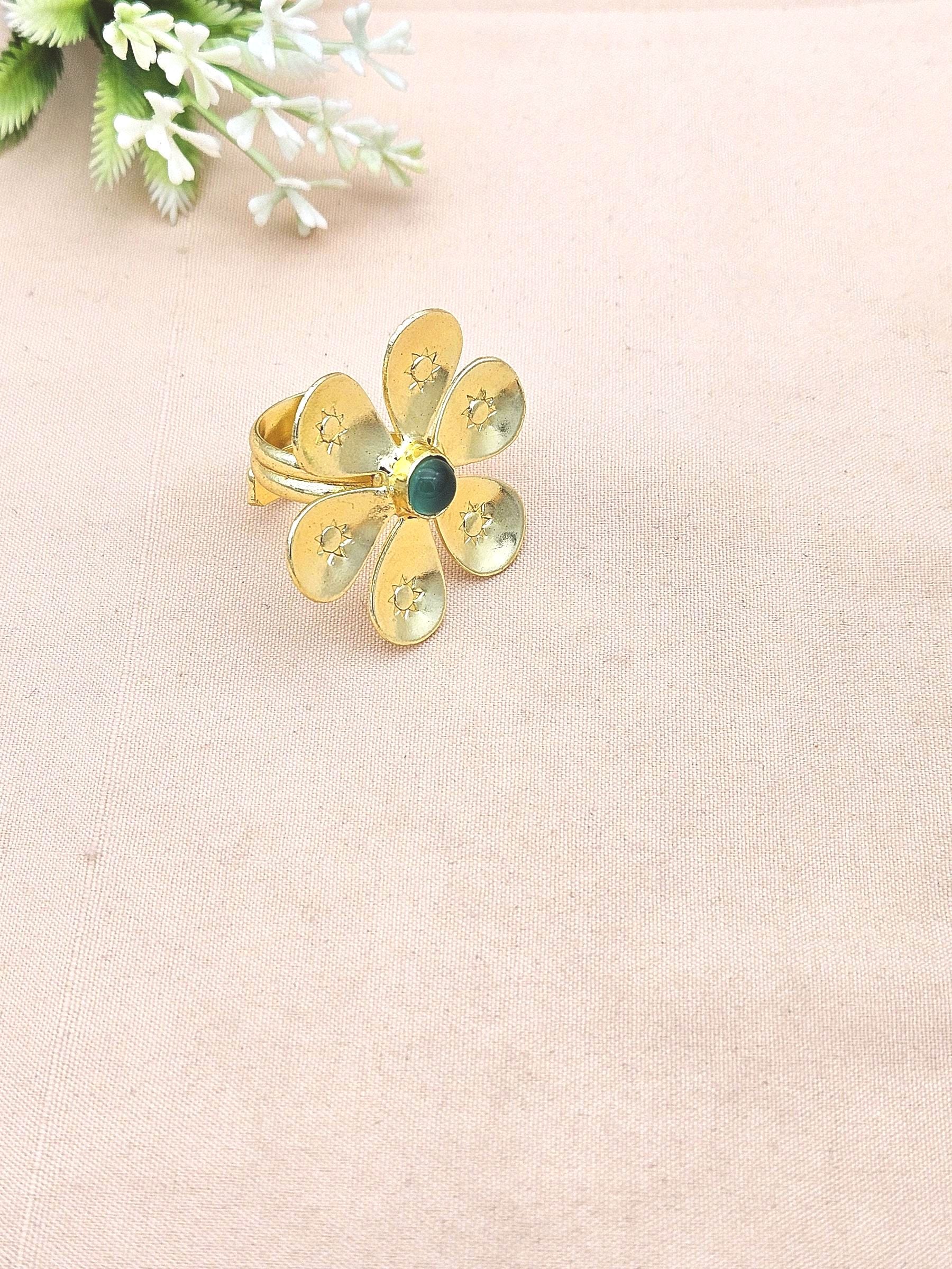Handcrafted gold plated ring with Green Onyx Stone for women, elegant floral designer jewelry