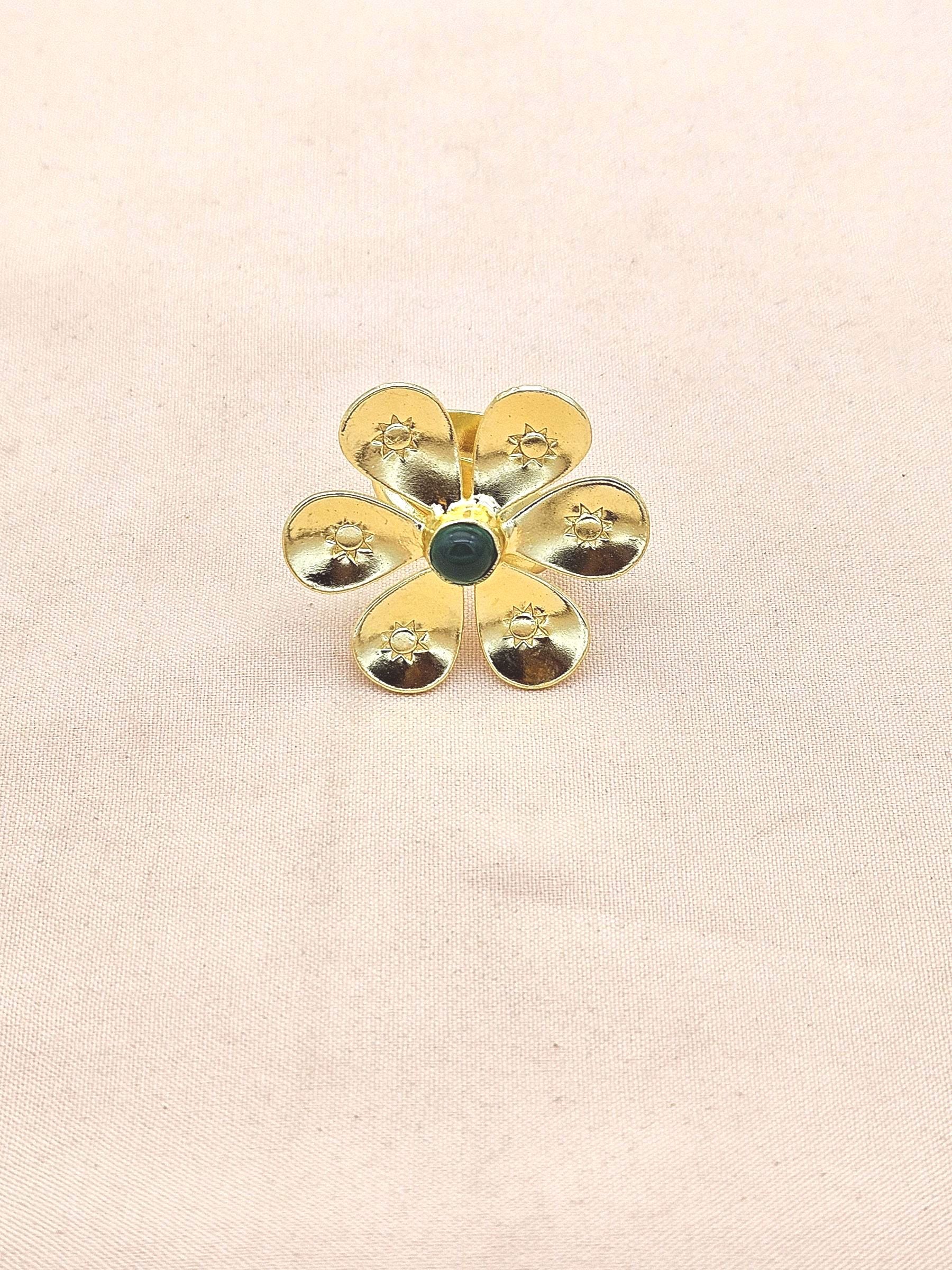 Handcrafted gold plated ring with Green Onyx Stone for women, elegant floral designer jewelry