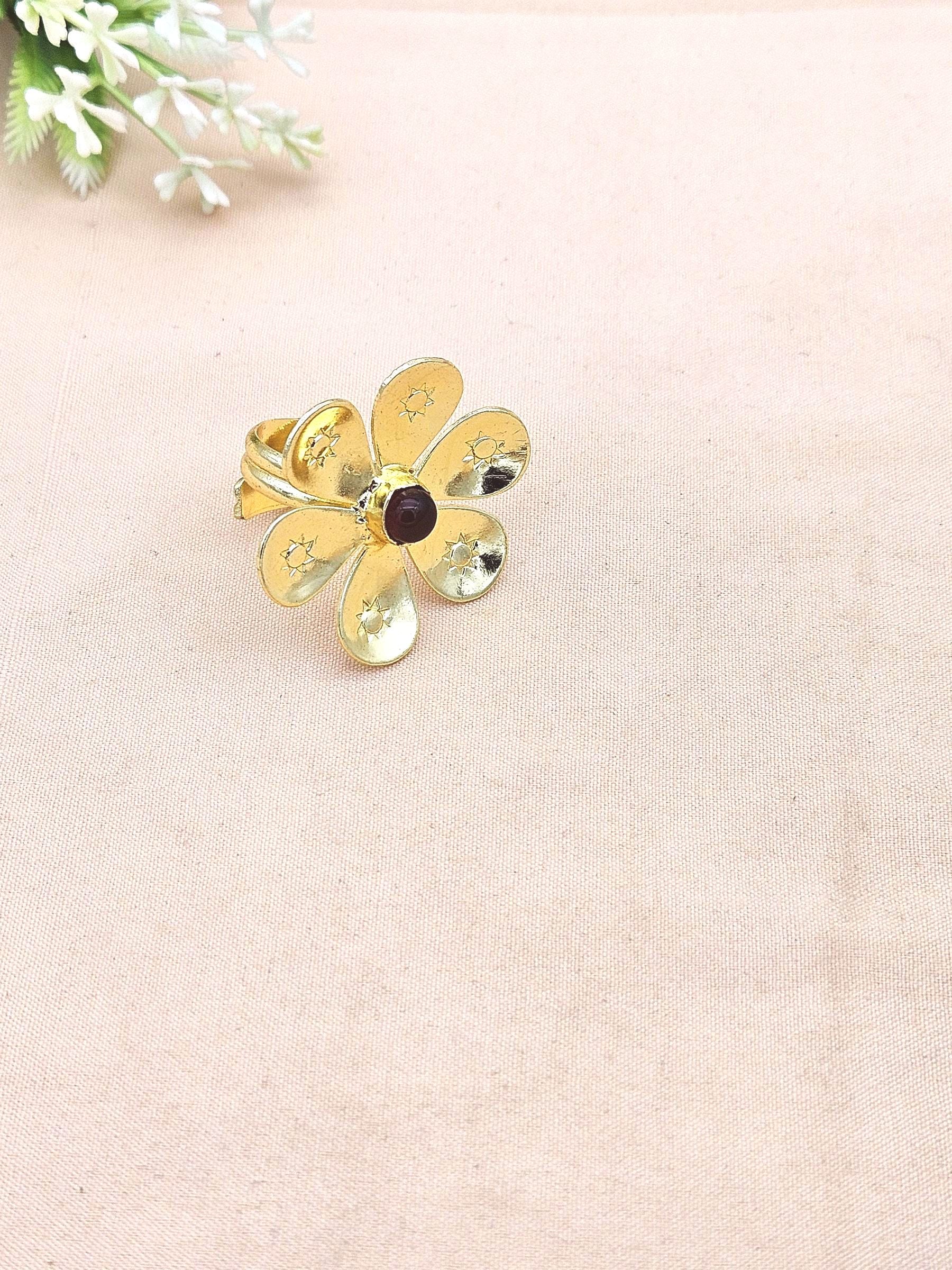 Handcrafted gold plated ring with Red Onyx Stone for women, elegant floral designer jewelry