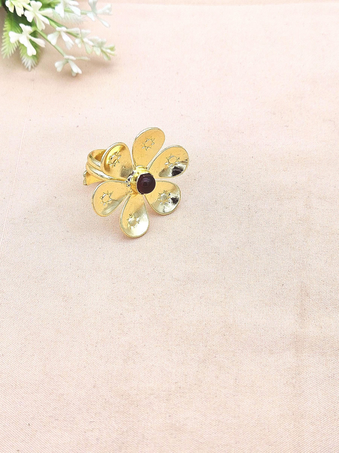 Handcrafted gold plated ring with Red Onyx Stone for women, elegant floral designer jewelry