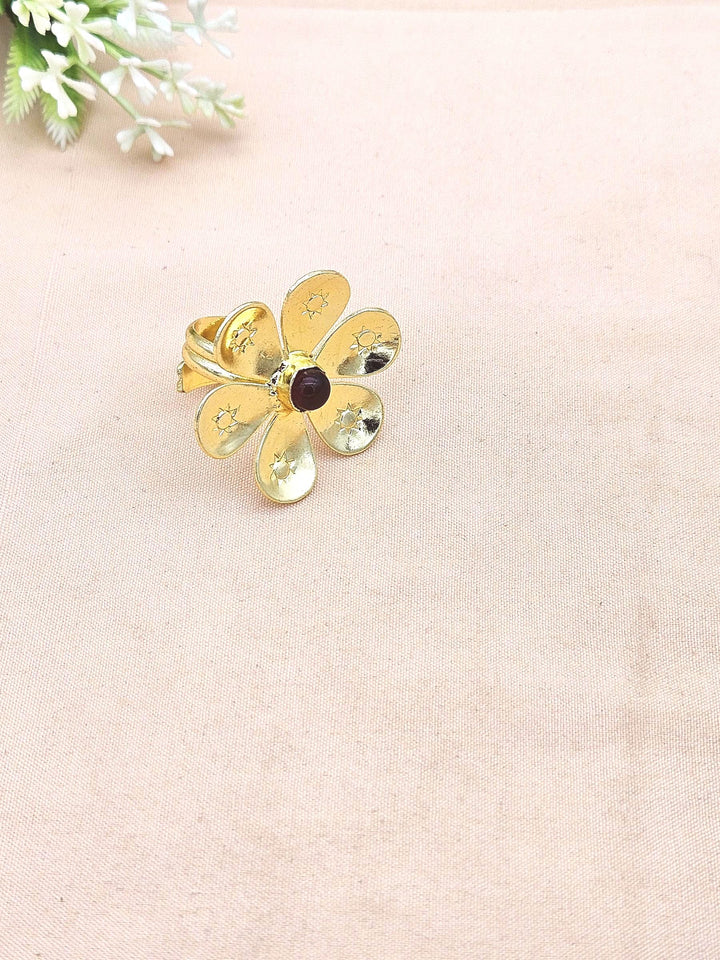 Handcrafted gold plated ring with Red Onyx Stone for women, elegant floral designer jewelry