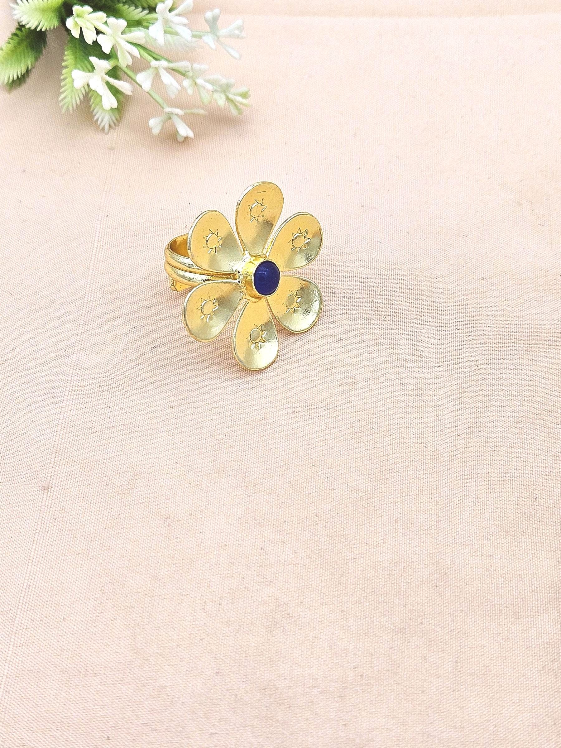 Handcrafted gold plated ring with Blue Onyx Stone for women, elegant floral designer jewelry