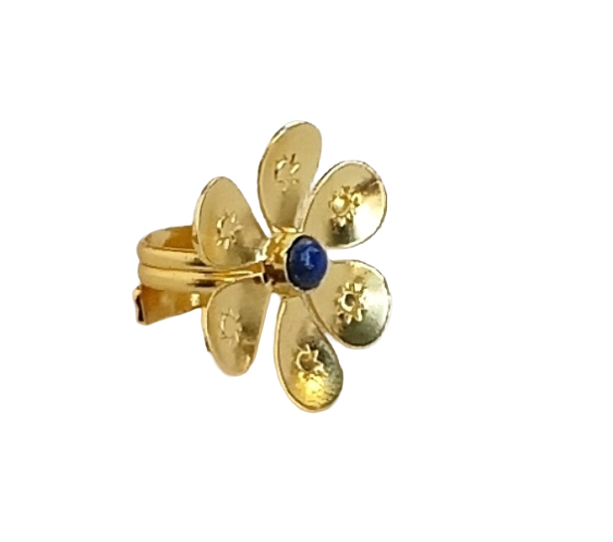 Handcrafted gold plated ring with Lapis Stone for women, elegant floral designer jewelry