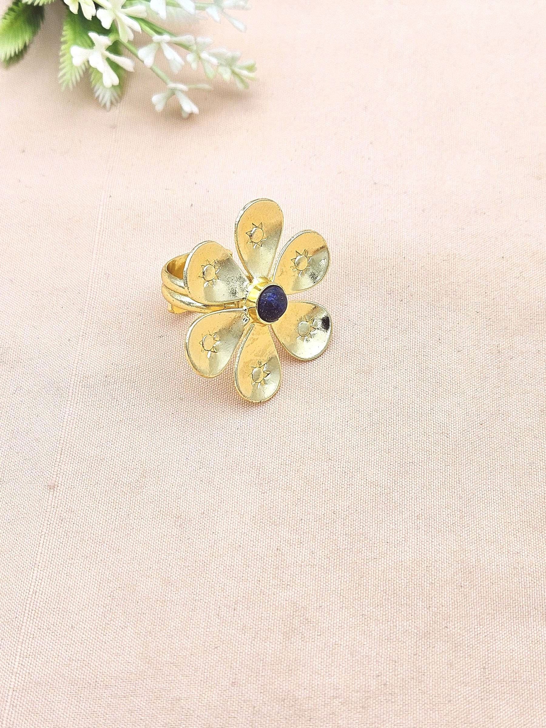 Handcrafted gold plated ring with Lapis Stone for women, elegant floral designer jewelry