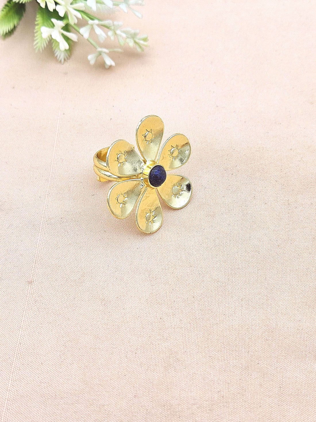 Handcrafted gold plated ring with Lapis Stone for women, elegant floral designer jewelry